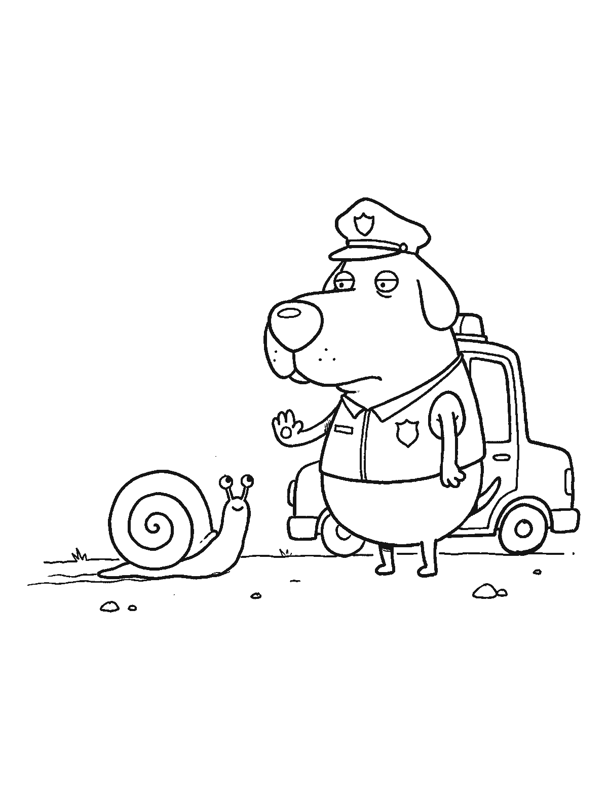Coloring page: a police dog in uniform standing in front of a police car, holding up a paw to stop a small snail