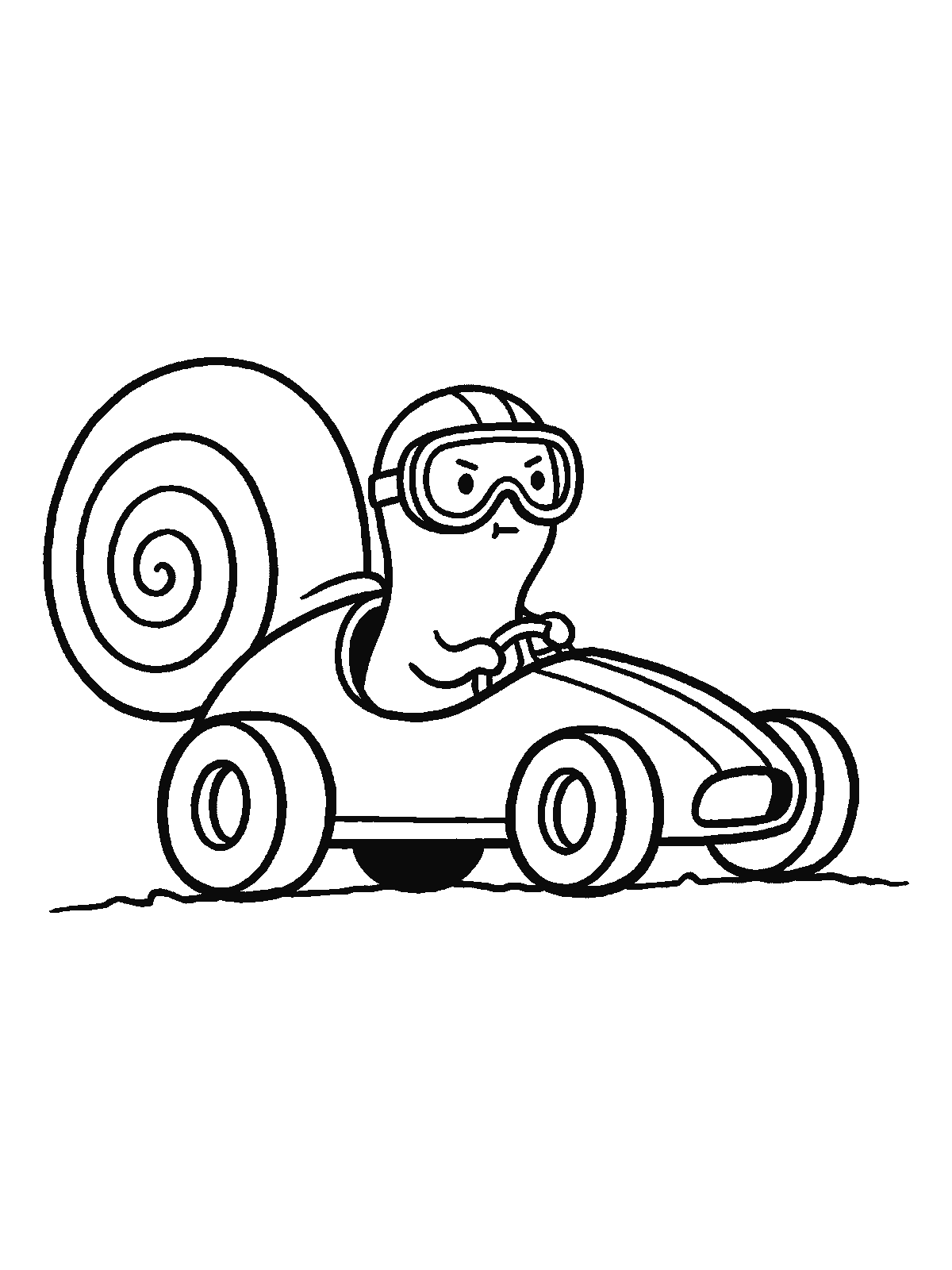 Coloring page: a snail wearing racing goggles sitting in a small race car, its spiral shell sticking out behind the seat