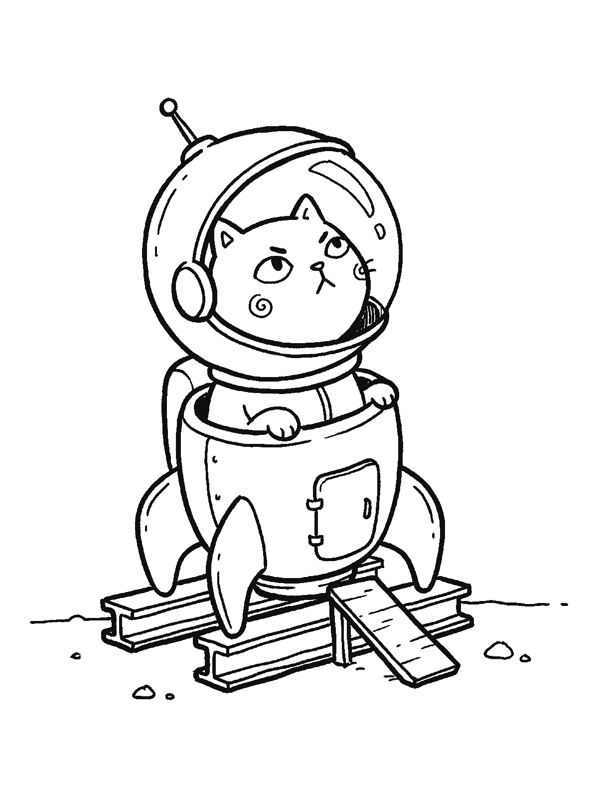 Coloring page: a cat wearing a round astronaut helmet sitting in a small rocket on a launch pad