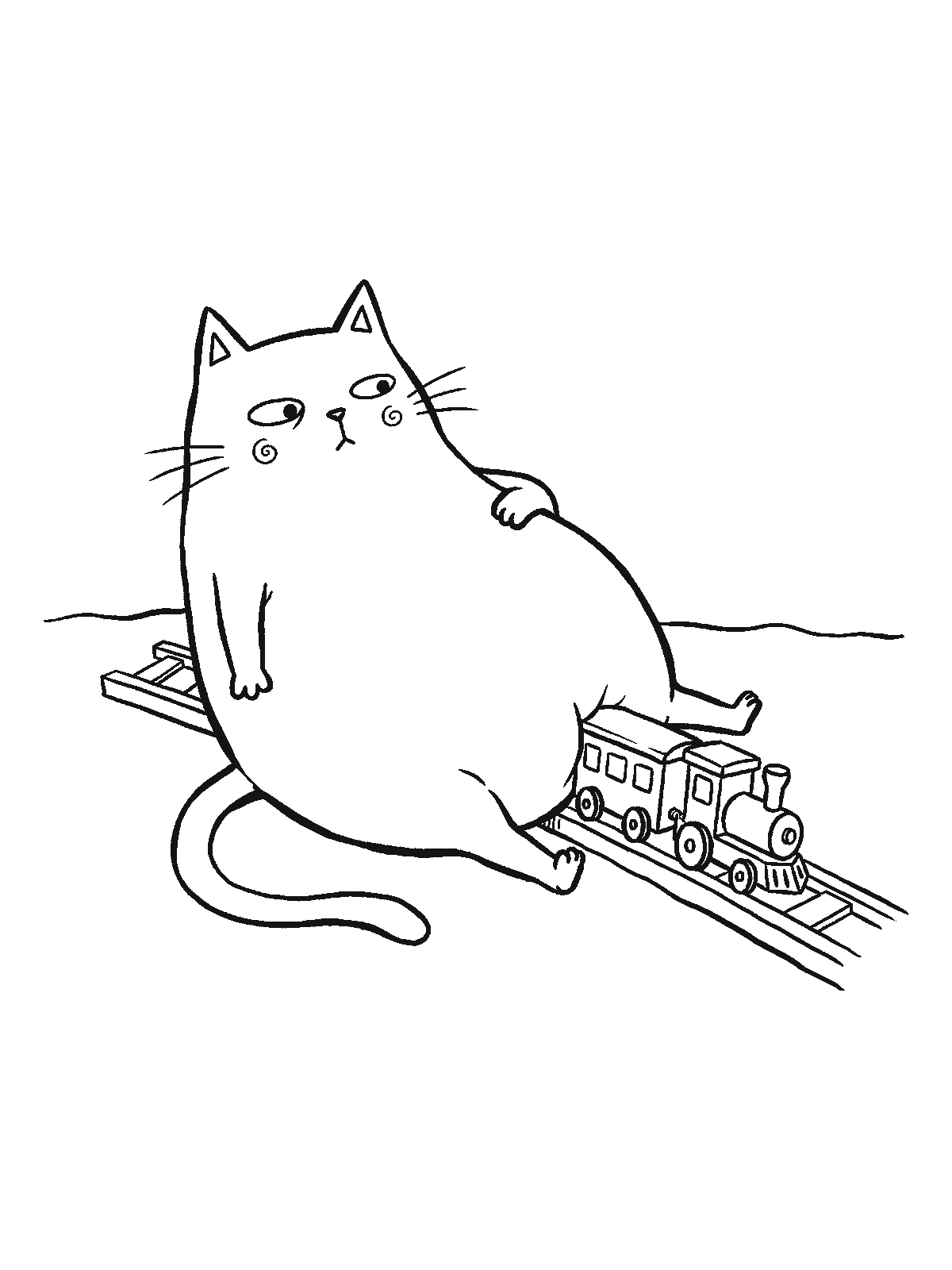 Coloring page: a big cat lying across a toy train track with a small toy train stopped against its belly