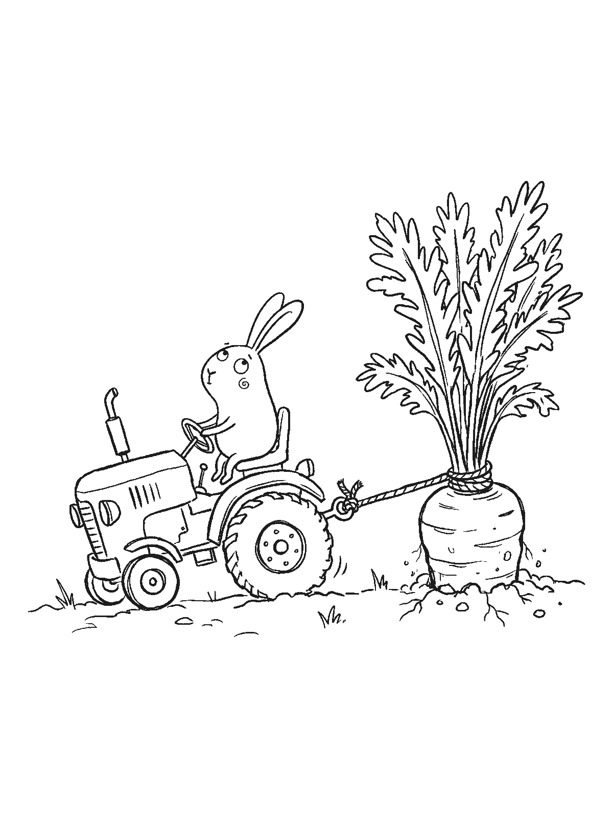 Coloring page: a bunny driving a small tractor pulling a giant carrot out of the ground with a rope tied to its leaves