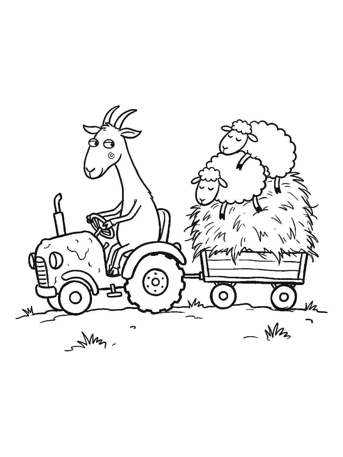 Coloring page: a goat driving a tractor pulling a trailer loaded with hay, two fluffy sheep sleeping on top of the hay