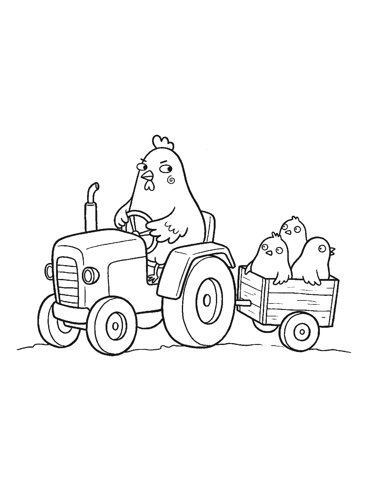 Coloring page: a hen driving a farm tractor with three small chicks sitting in a wooden trailer behind it
