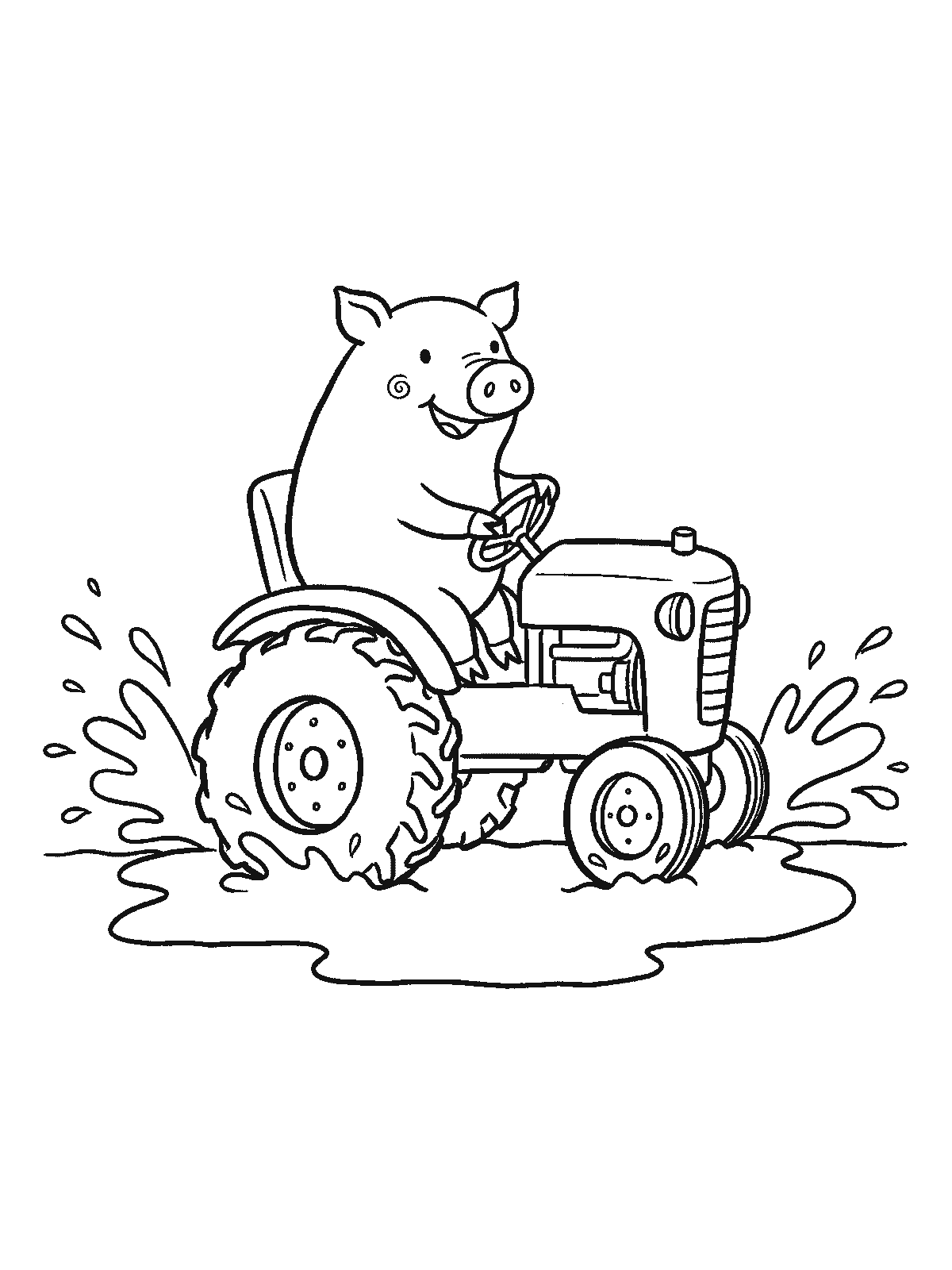 Coloring page: a smiling pig driving a tractor through a mud puddle, mud splashing up on both sides