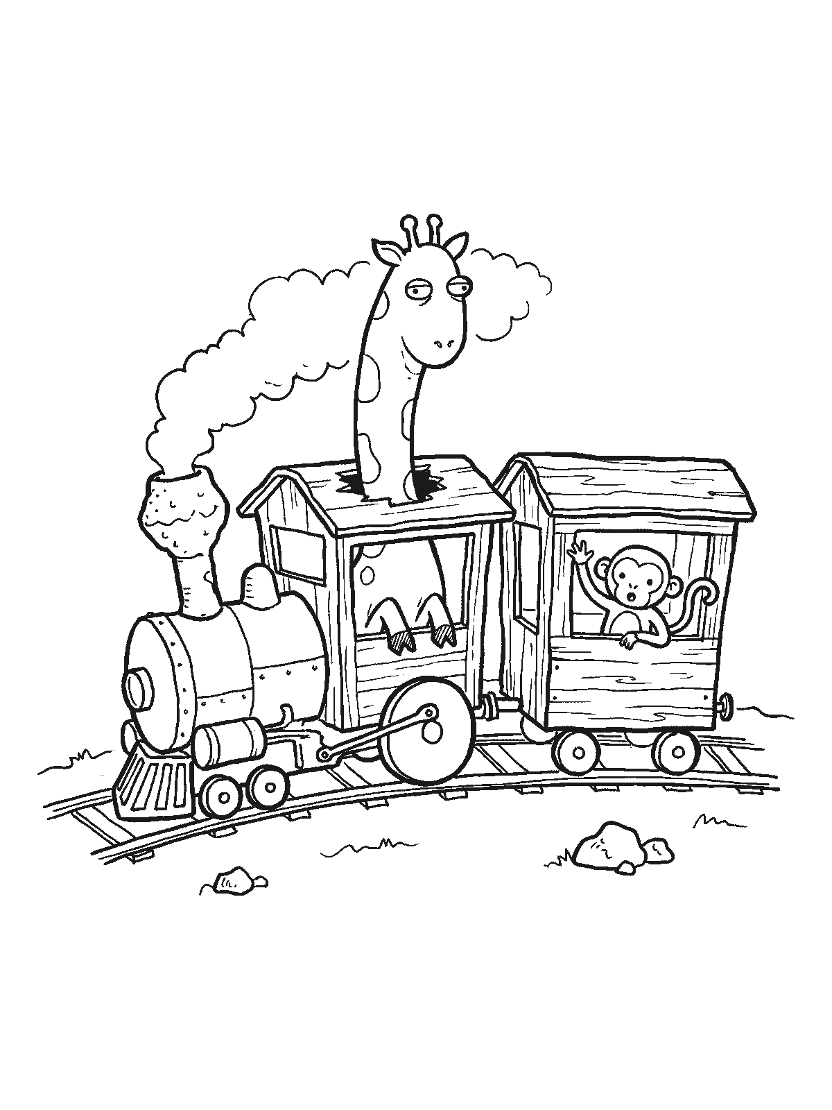 Coloring page: a small steam train on rails, a giraffe in one car with its neck sticking out through the roof and a monkey waving from a window