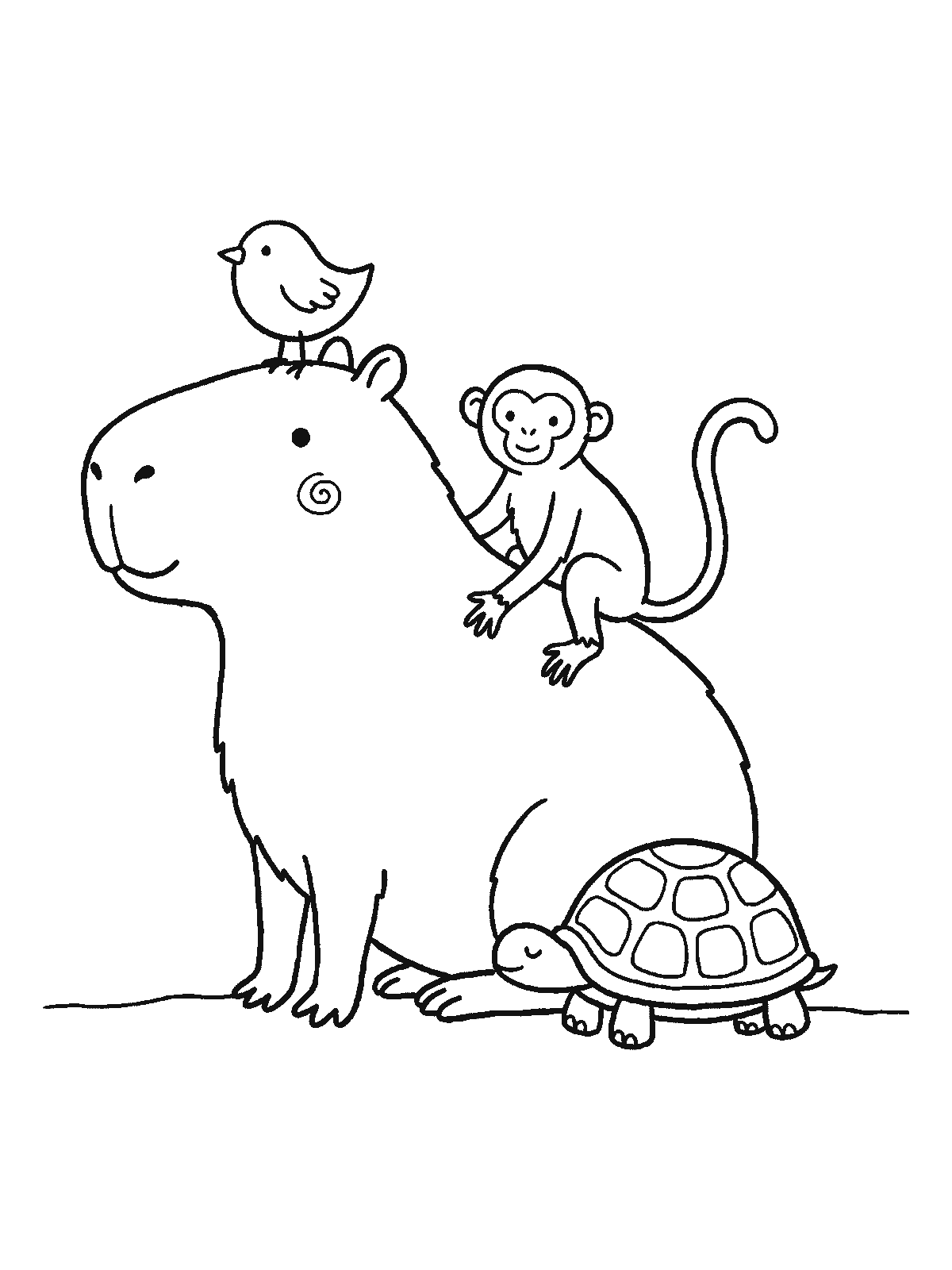 Coloring page: a calm capybara sitting on the ground with a small bird on its head, a little monkey on its back and a turtle resting against its side