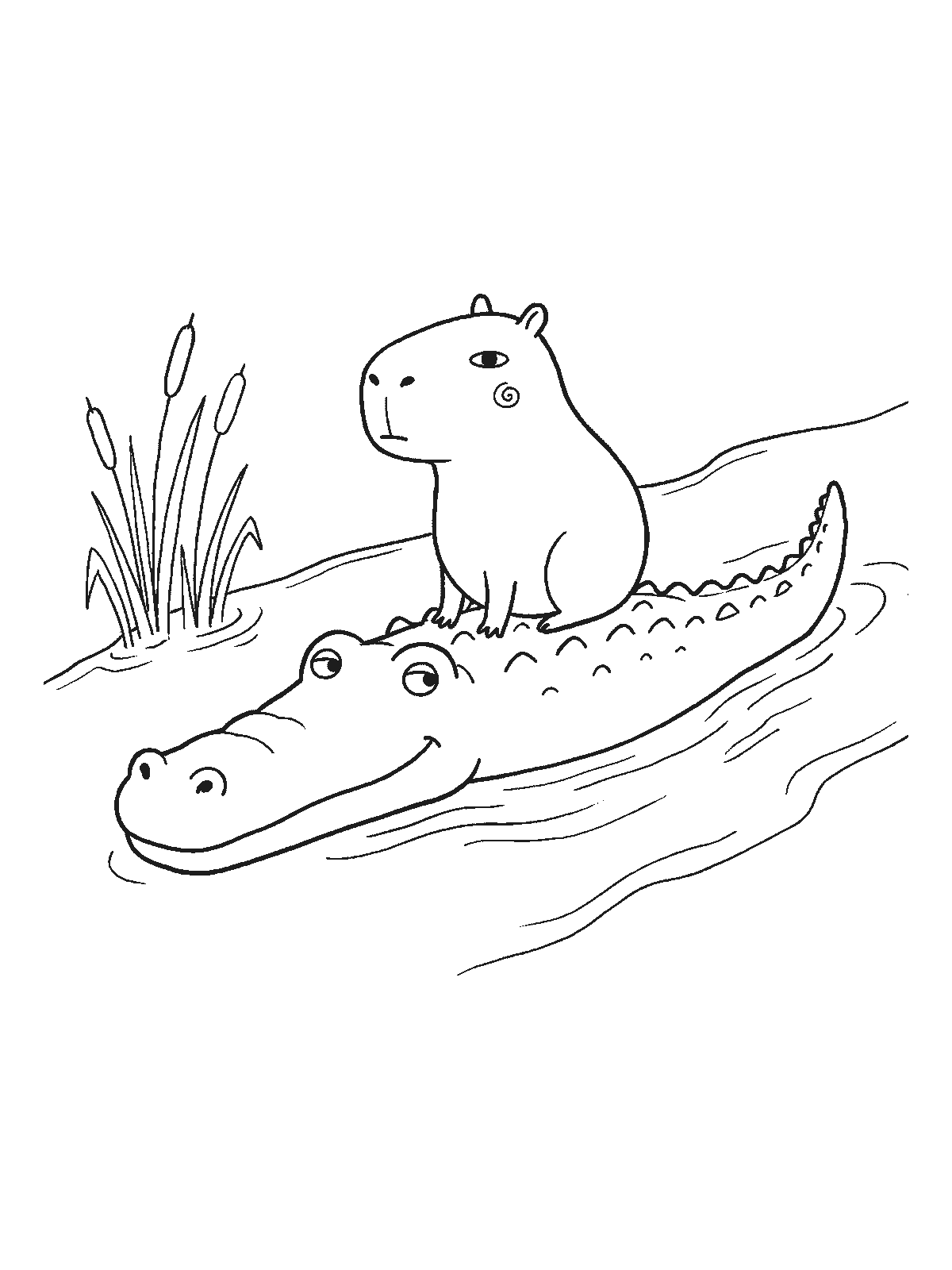 Coloring page: a capybara standing on the back of a smiling crocodile swimming across a river, reeds on the bank