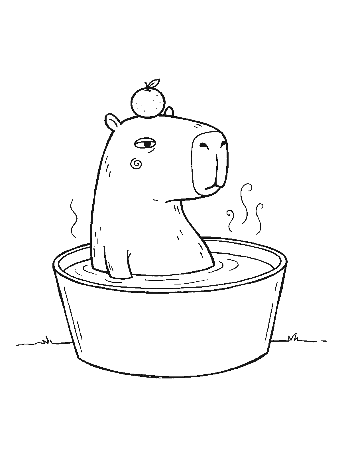 Coloring page: a capybara sitting in a round tub of warm water with steam rising and a small orange balanced on top of its head