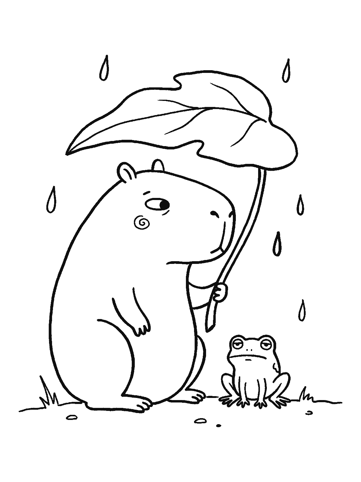 Coloring page: a capybara holding a big leaf over its head like an umbrella in the rain, with a small frog next to it