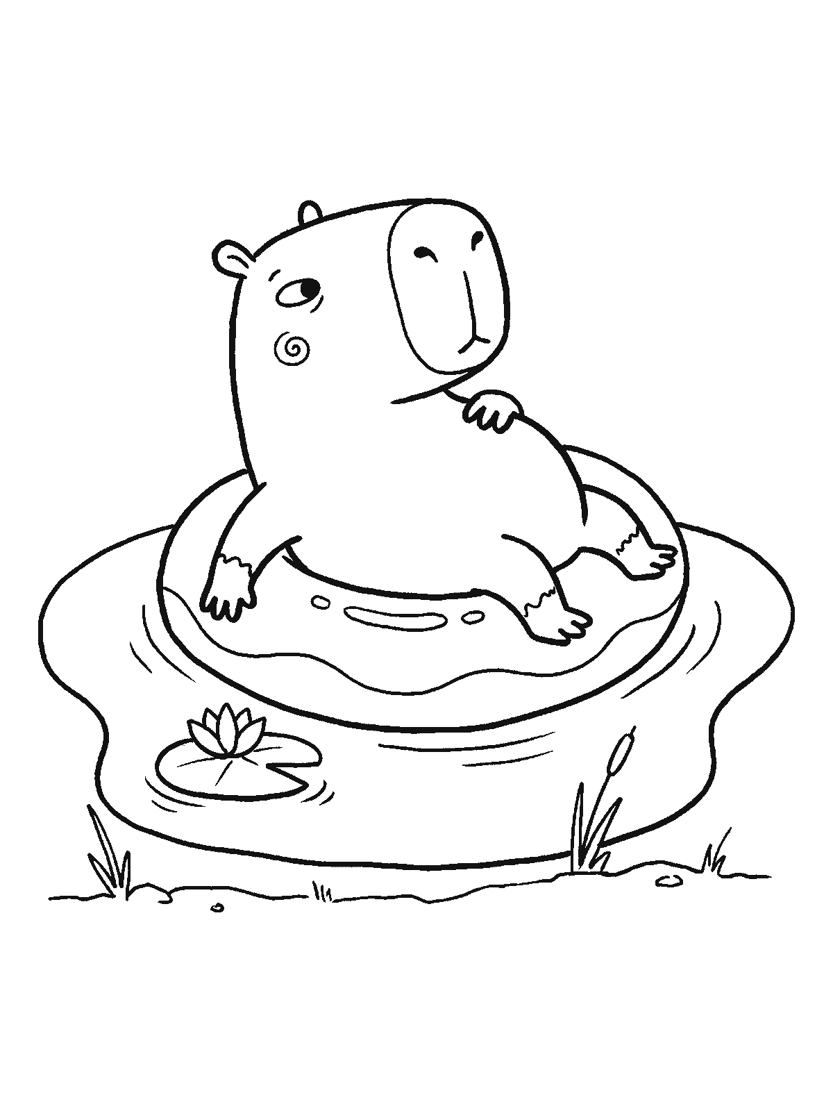 Coloring page: a capybara floating in an inflatable swim ring on a small pond, a water lily next to it