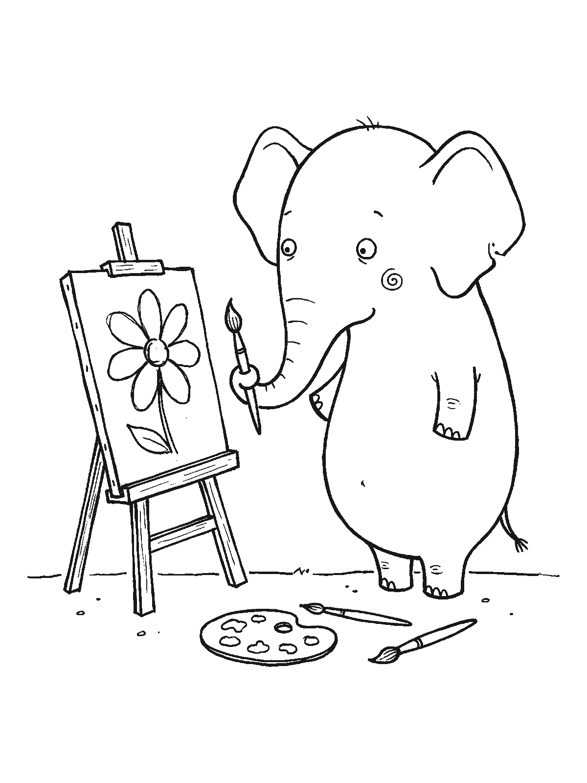 Coloring page: an elephant holding a paintbrush in its trunk and painting a big flower on a canvas on an easel, a paint palette on the ground