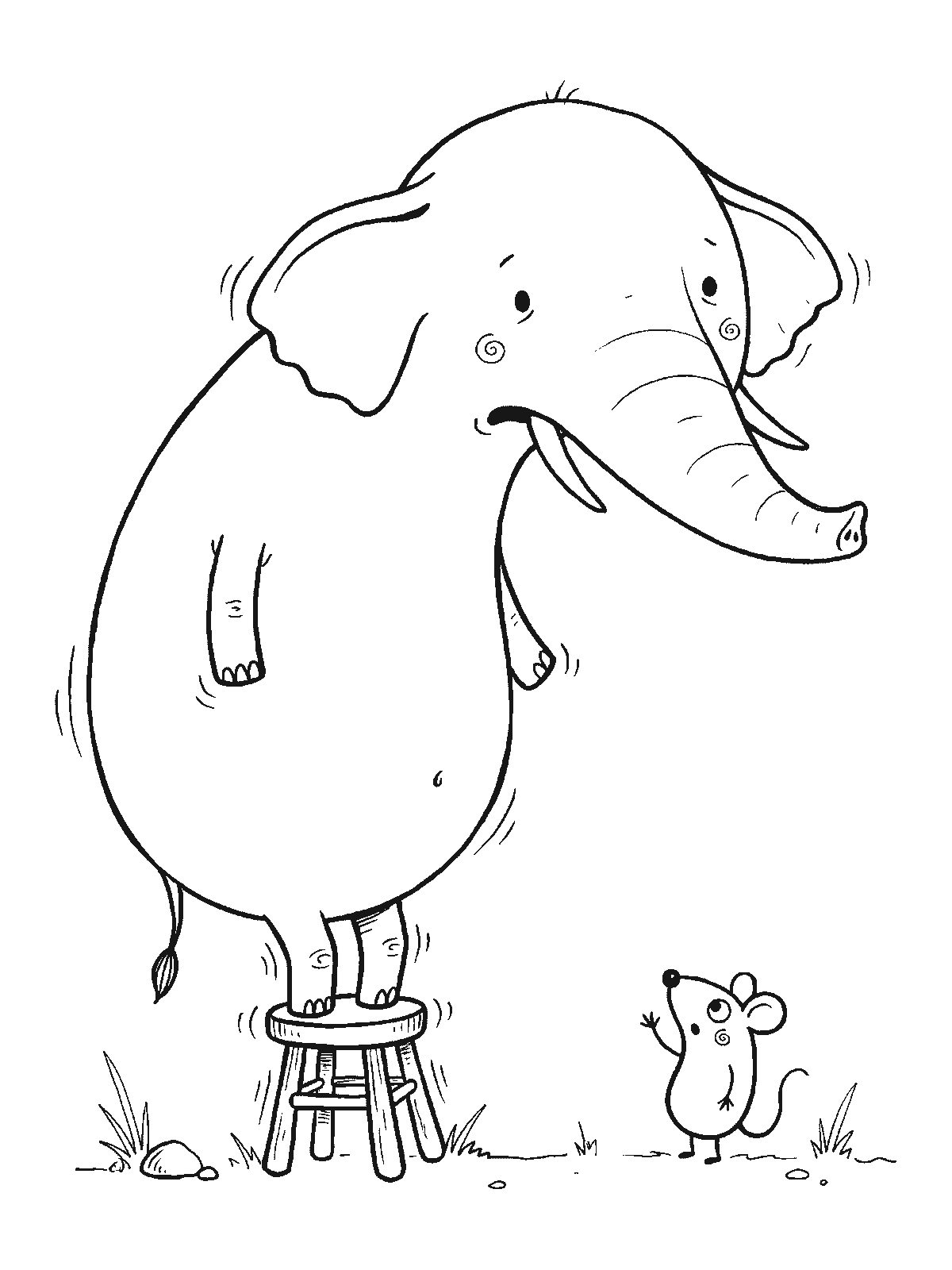 Coloring page: a big elephant standing on a small stool and trembling while a tiny mouse waves at it from the ground