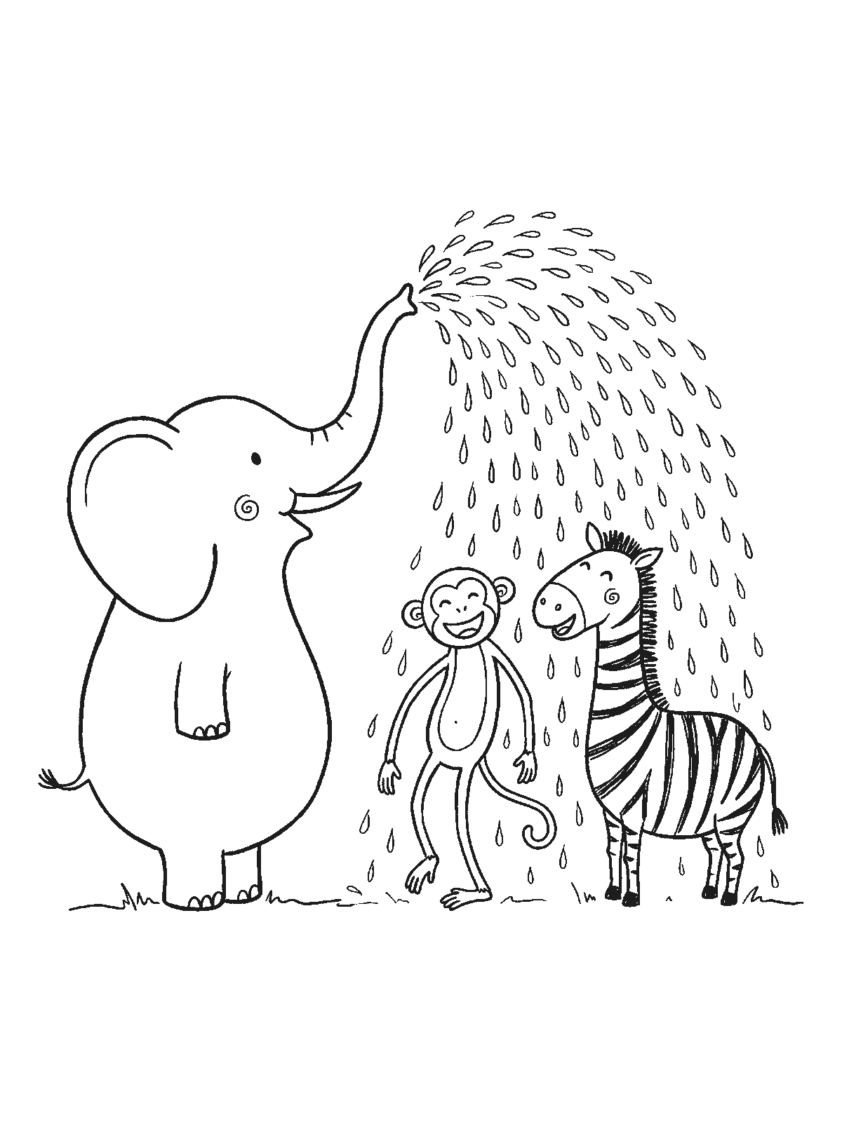 Coloring page: an elephant spraying water from its trunk like a shower over a laughing monkey and a zebra