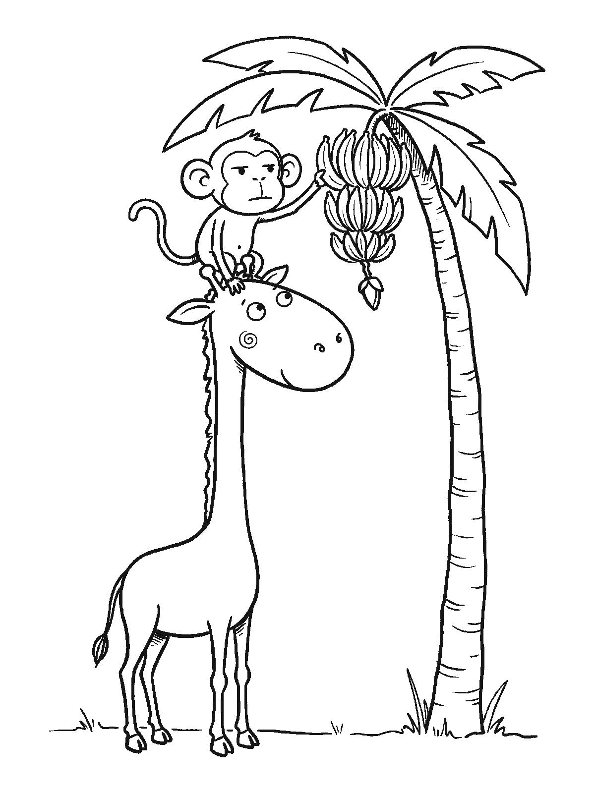 Coloring page: a giraffe standing next to a palm tree and a monkey on the giraffe's head reaching for bananas at the top