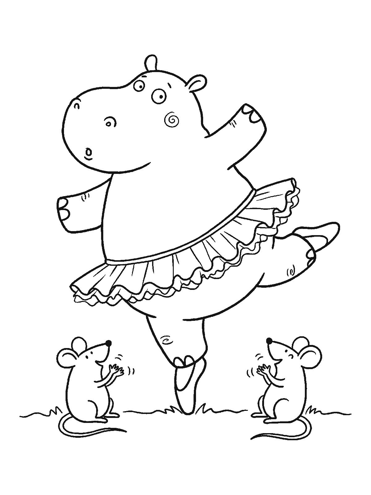 Coloring page: a hippo wearing a tutu balancing on one tiptoe like a ballerina while two small mice clap