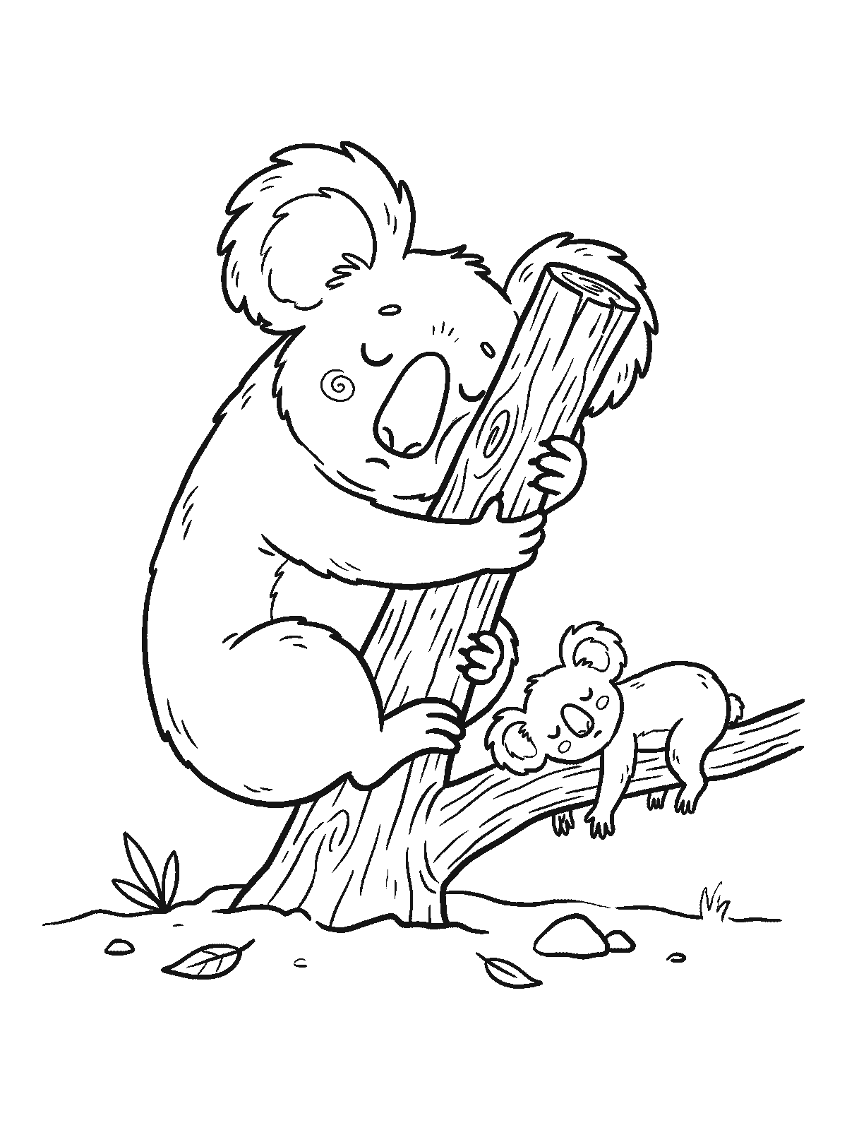 Coloring page: a koala asleep hugging a tree trunk and a baby koala sleeping on a branch below it