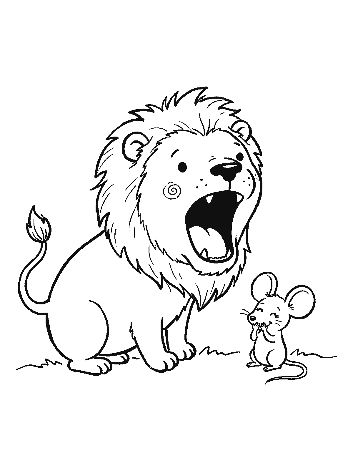 Coloring page: a lion with a big mane roaring with its mouth wide open and a small mouse in front of it giggling