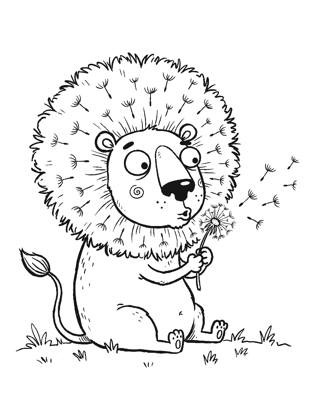 Coloring page: a lion sitting in the grass blowing on a dandelion, its round fluffy mane shaped like a giant dandelion