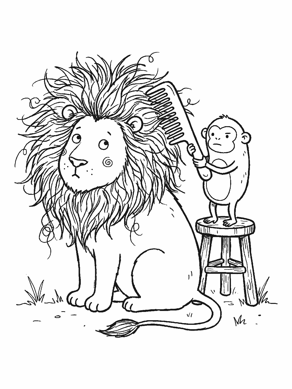 Coloring page: a lion sitting patiently with a big tangled mane while a small monkey on a stool combs it with a large comb
