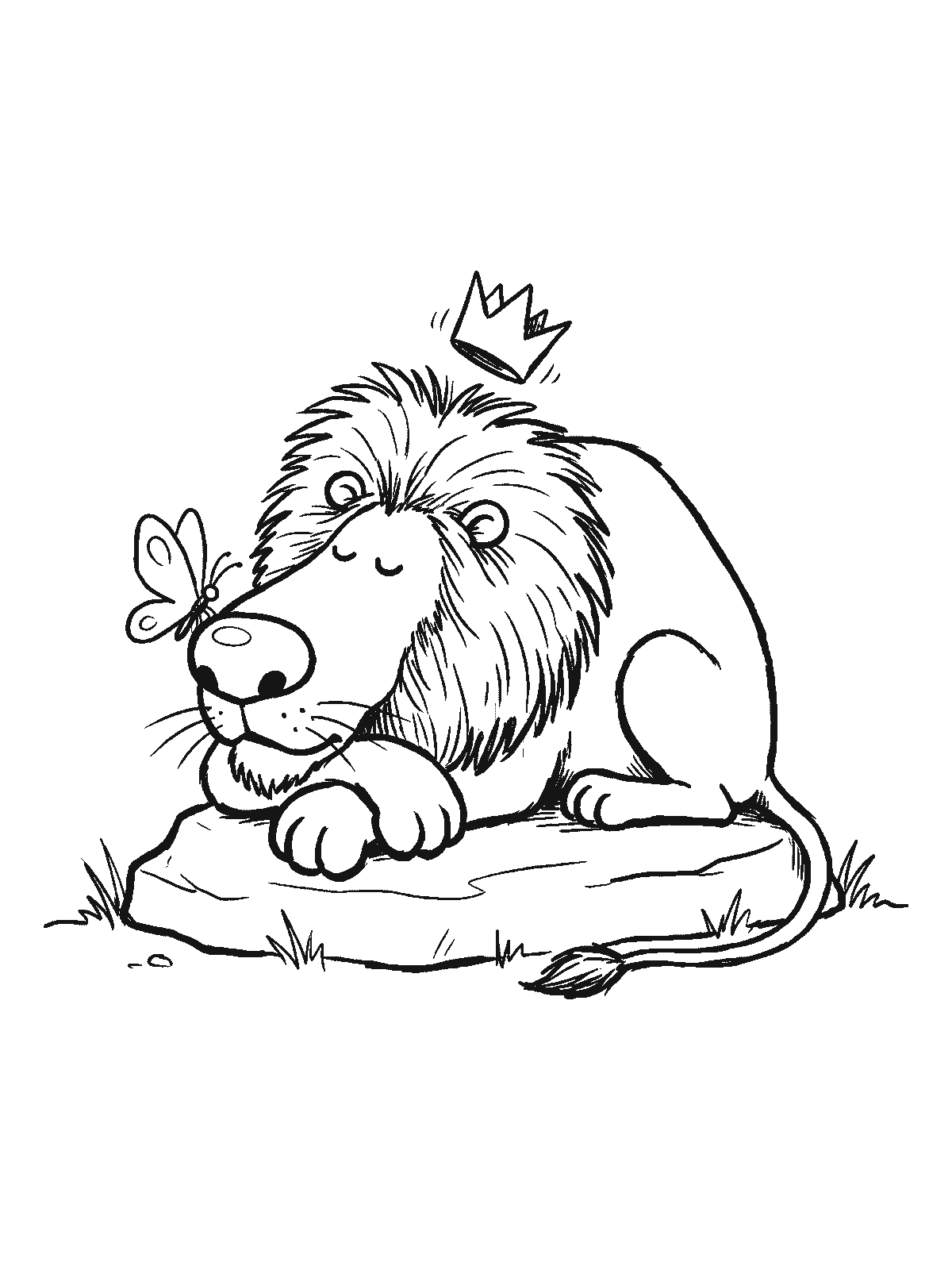 Coloring page: a lion sleeping on a flat rock with its head resting on its paws, a small crown slipping off its mane and a butterfly on its nose