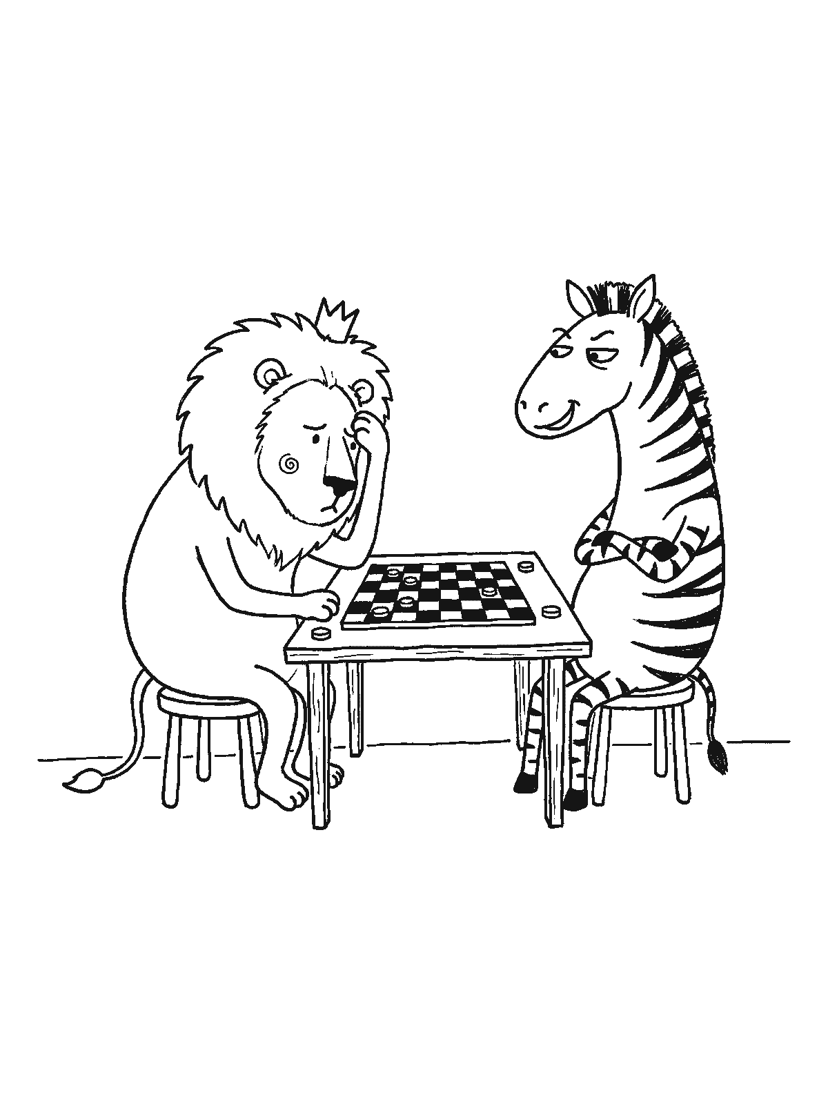 Coloring page: a lion and a zebra sitting at a small table playing checkers, the lion thinking hard and the zebra looking smug