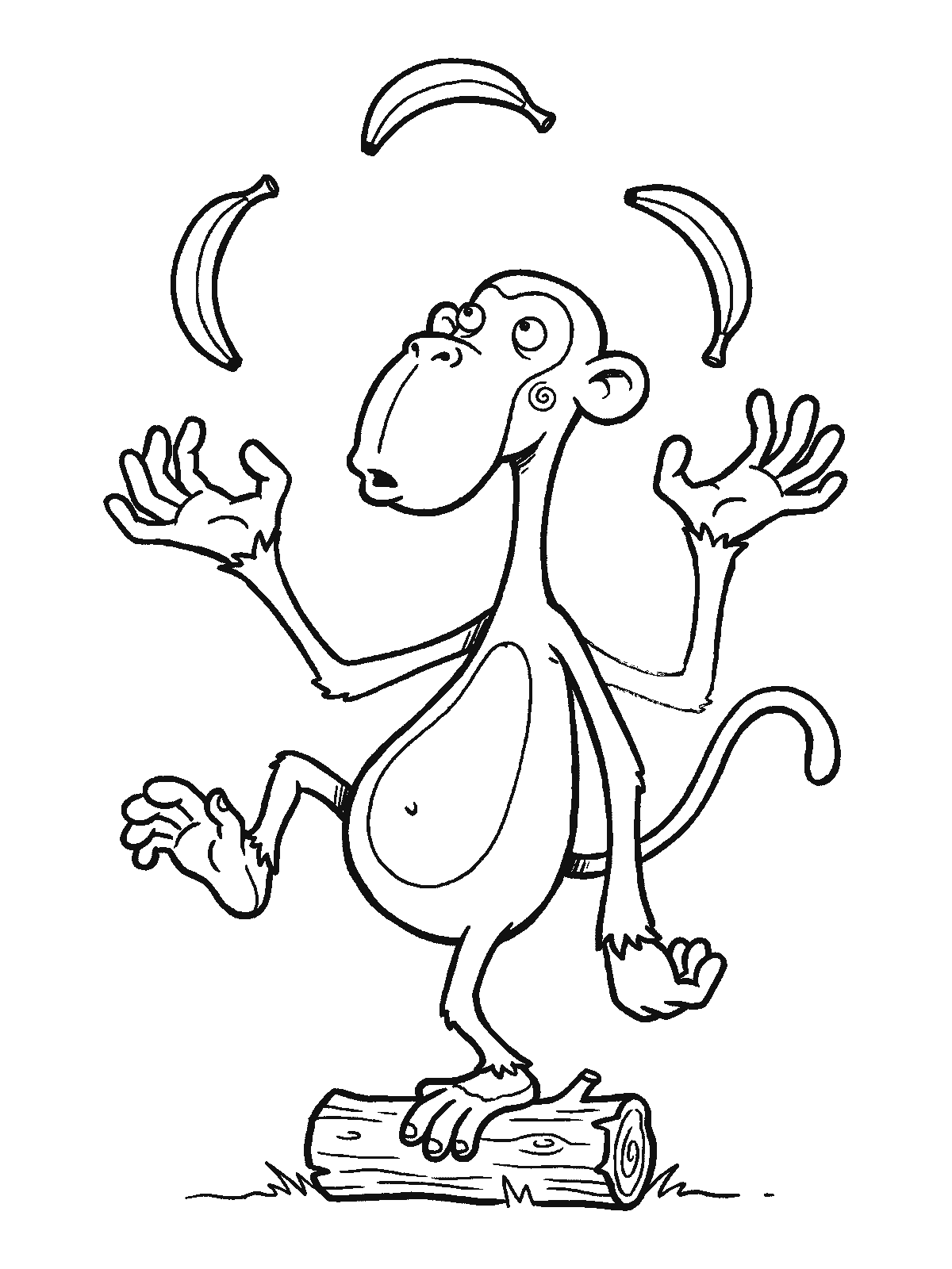 Coloring page: a monkey standing on one foot on a log and juggling three bananas above its head