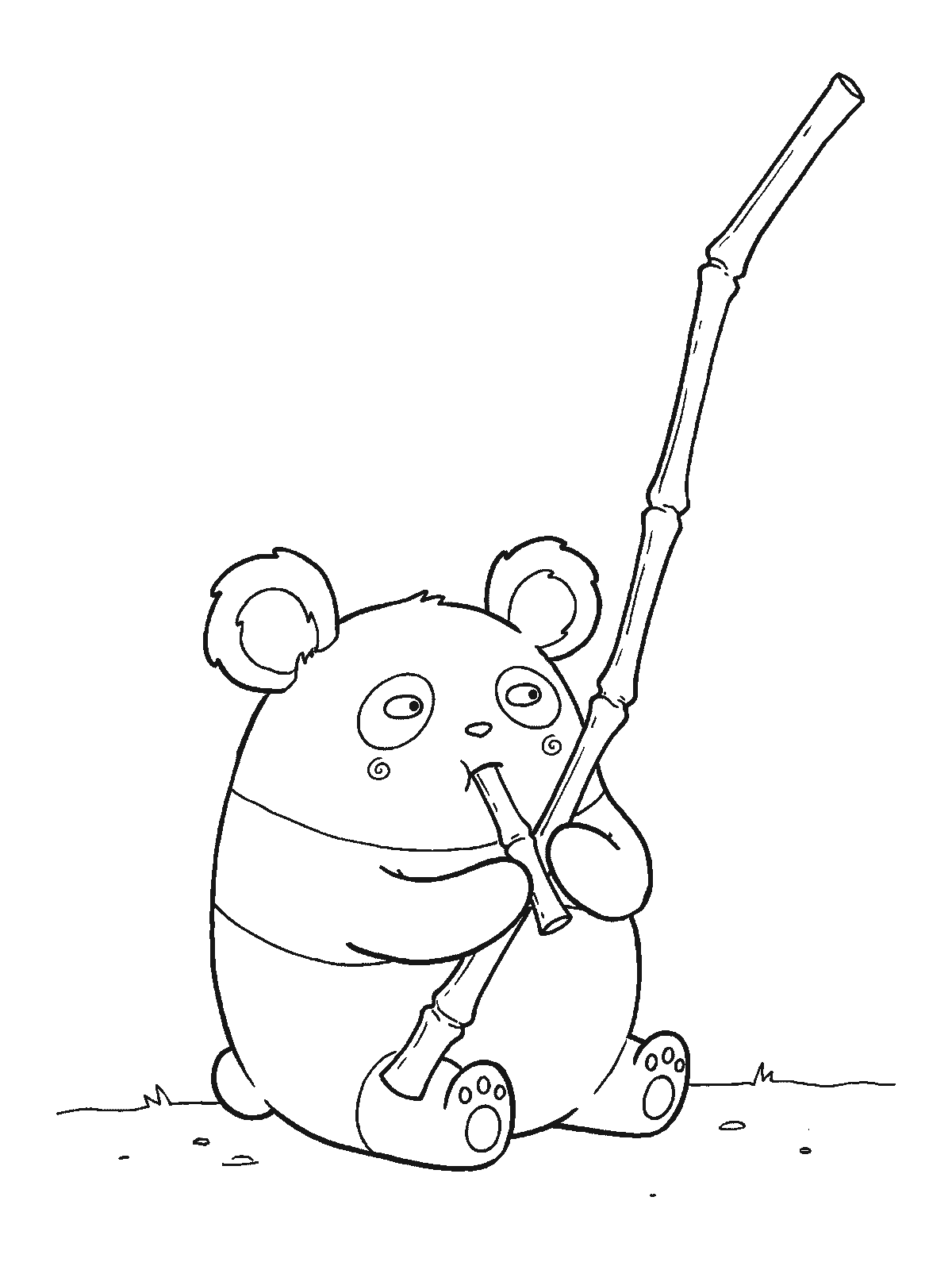 Coloring page: a round panda sitting on the ground chewing on a very long bamboo stalk taller than itself