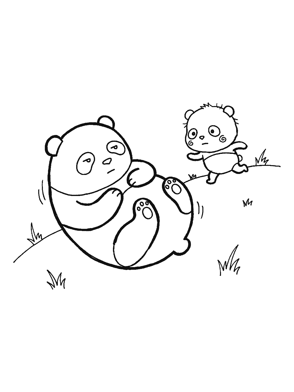 Coloring page: a panda curled up like a ball rolling down a grassy hill and a small panda cub running after it