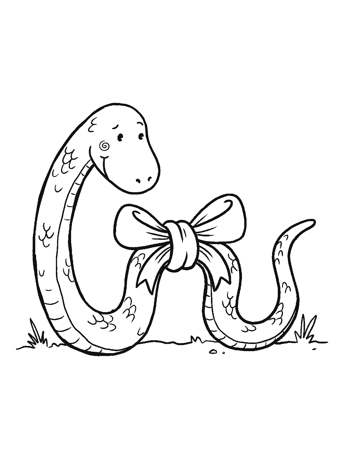 Coloring page: a long friendly snake that has tied its body into a big bow knot, looking at the knot
