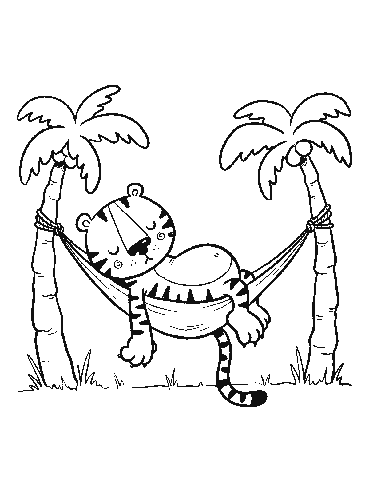 Coloring page: a tiger sleeping in a hammock between two palm trees, one paw and its striped tail hanging over the side
