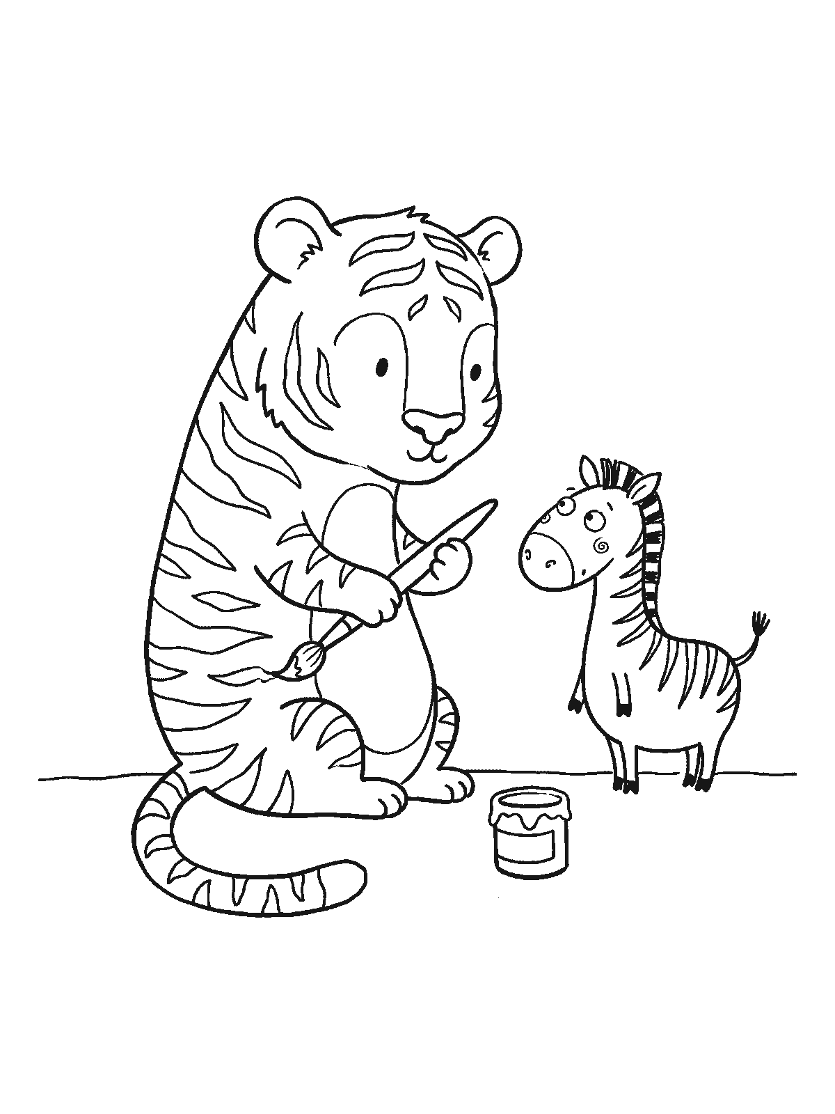 Coloring page: a tiger cub painting stripes on itself with a paintbrush and a small zebra standing next to it watching