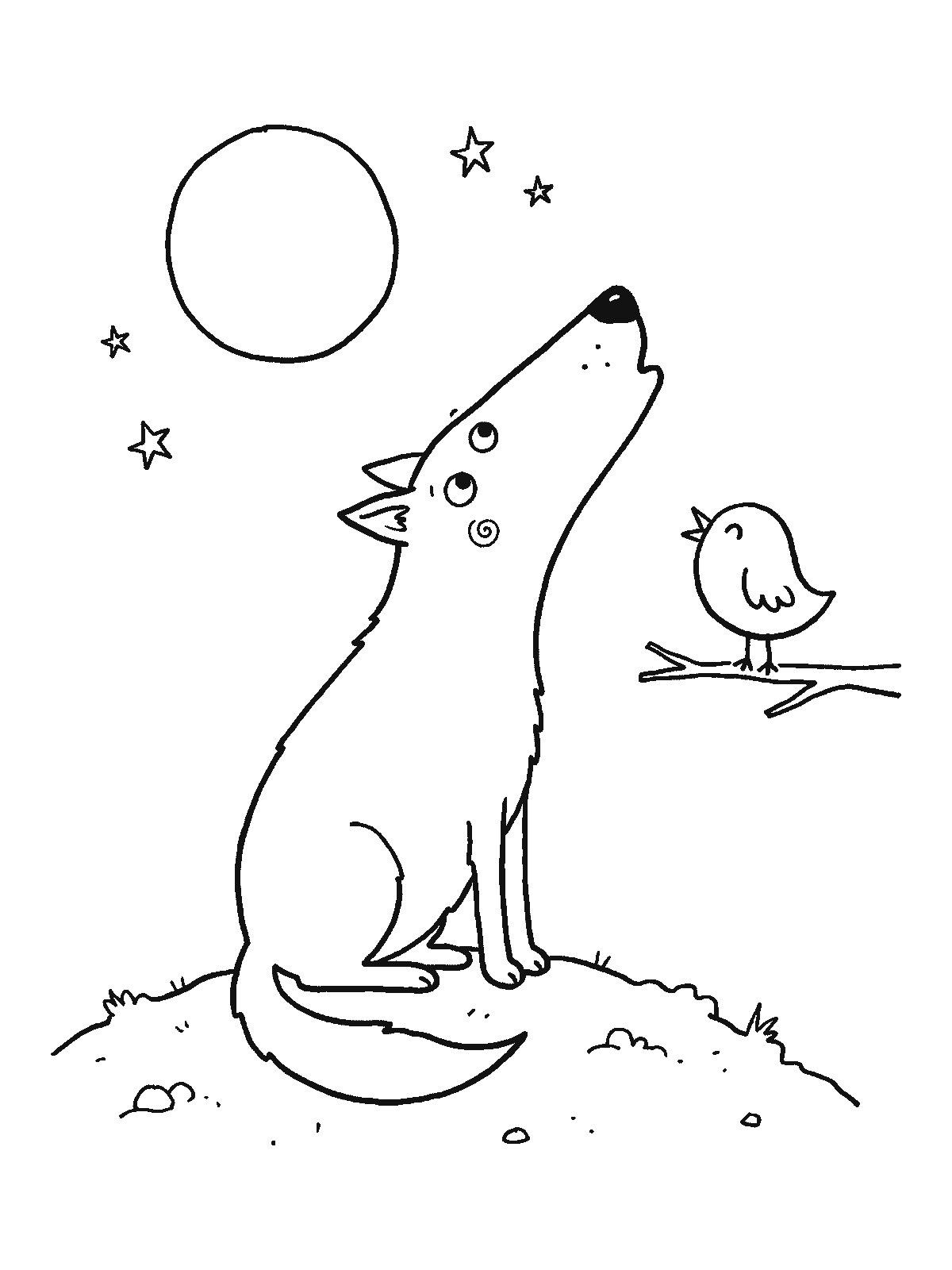 Coloring page: a friendly wolf sitting on a hill singing up at a round moon with stars, a small bird on a branch singing along