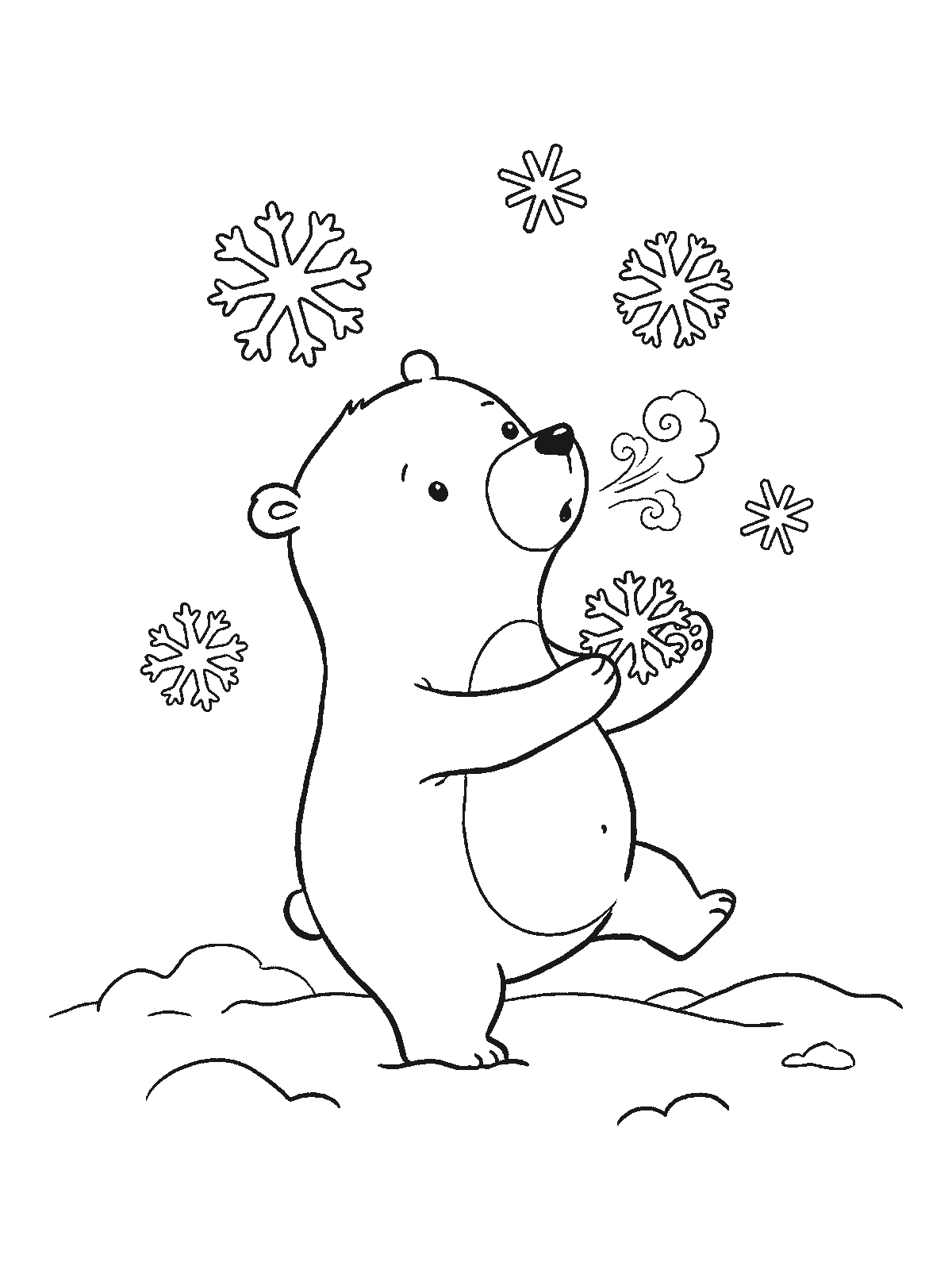 Coloring page: a bear cub standing on its hind legs in the snow catching big snowflakes in its paws and looking at them