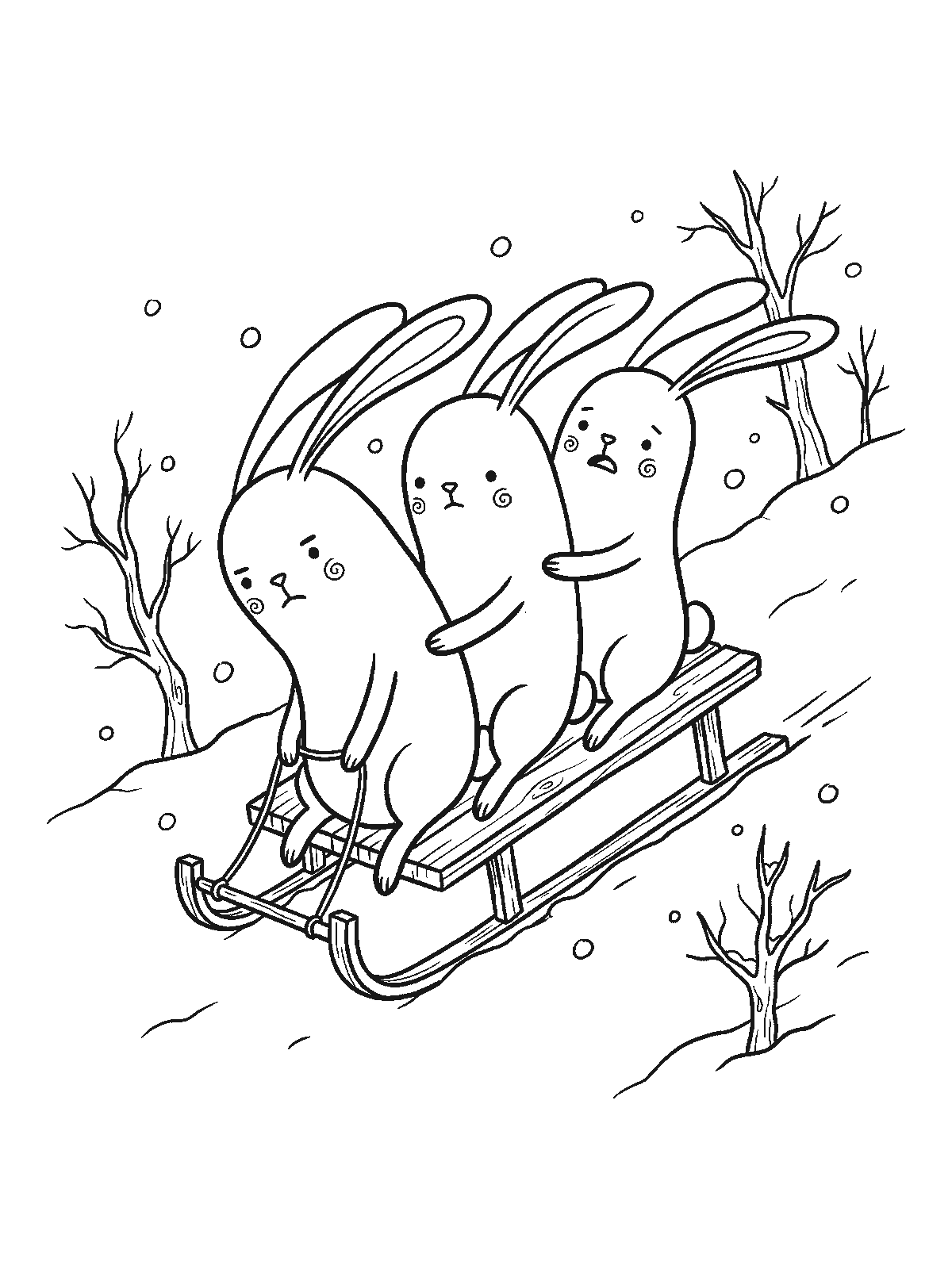 Coloring page: three bunnies riding one wooden sled down a snowy hill with their ears flying back, each holding on to the one in front