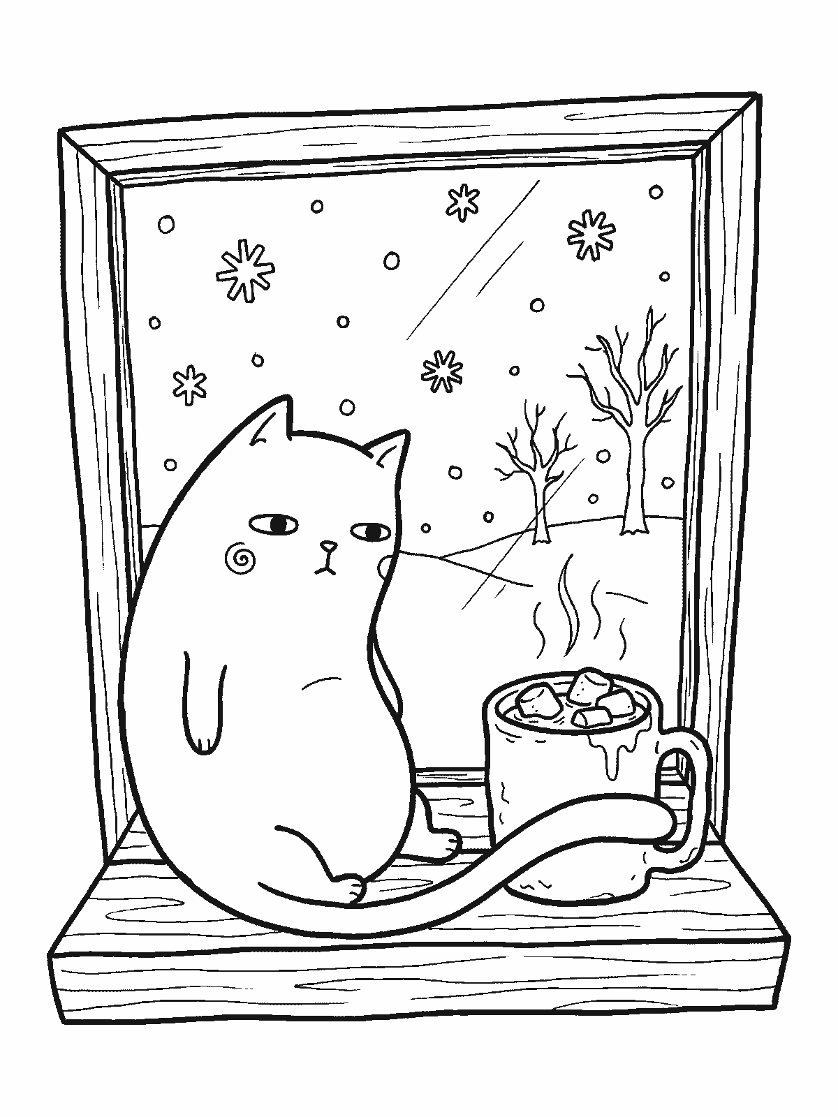 Coloring page: a cat sitting on a window sill next to a mug of hot cocoa with marshmallows, watching big snowflakes fall outside the window