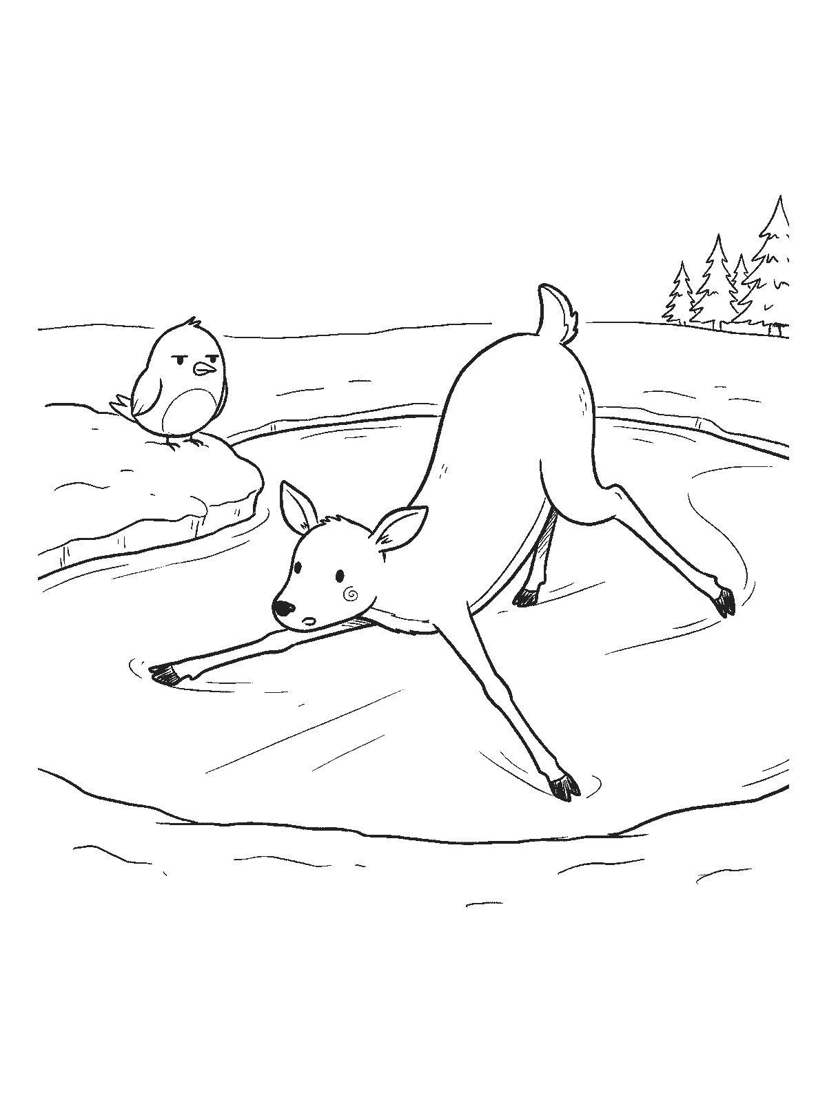 Coloring page: a young deer on a frozen pond with its four long legs sliding apart in different directions while a small bird watches from the bank