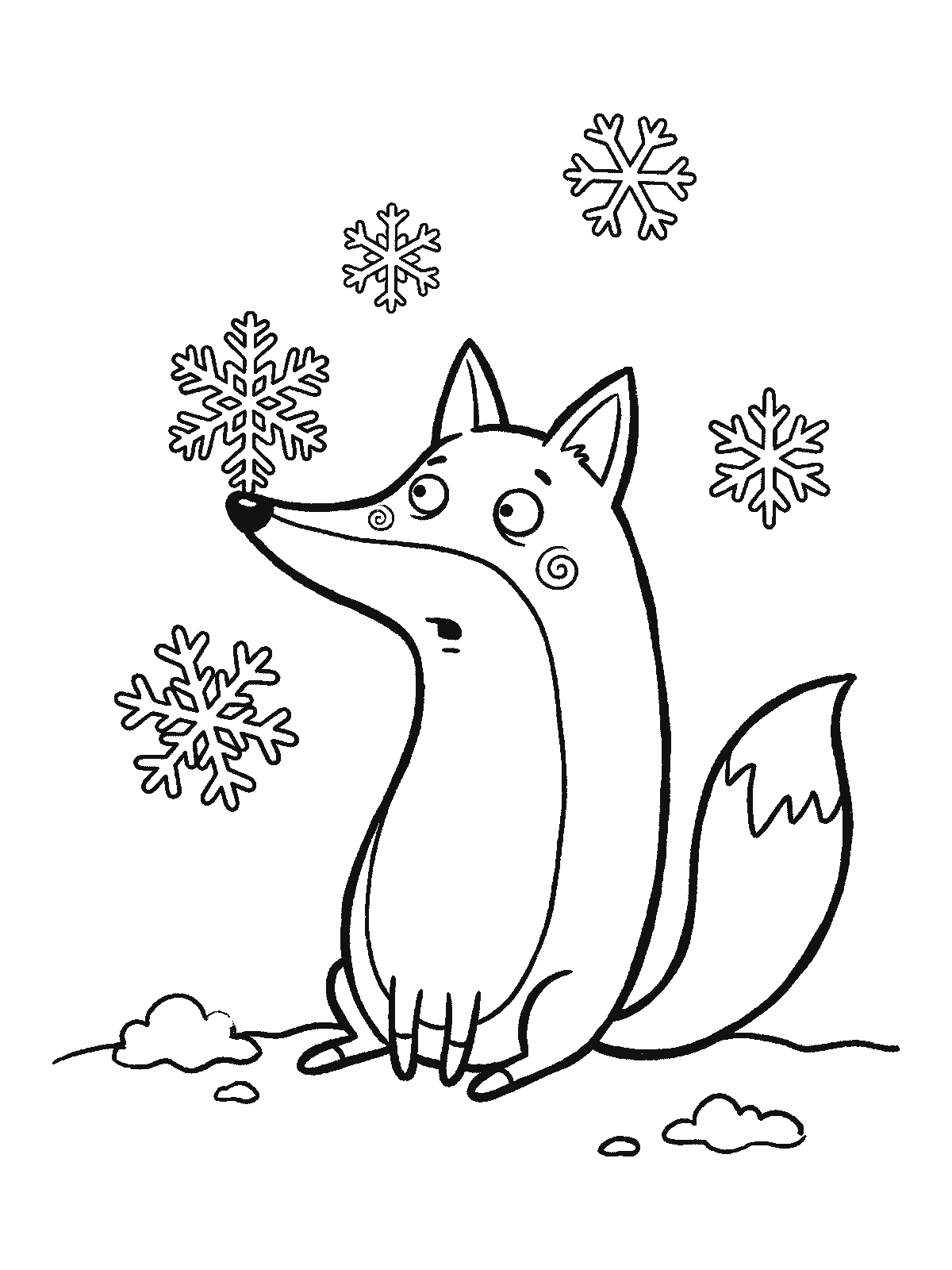 Coloring page: a fox sitting in the snow going cross-eyed looking at a big snowflake that has landed on the tip of its nose