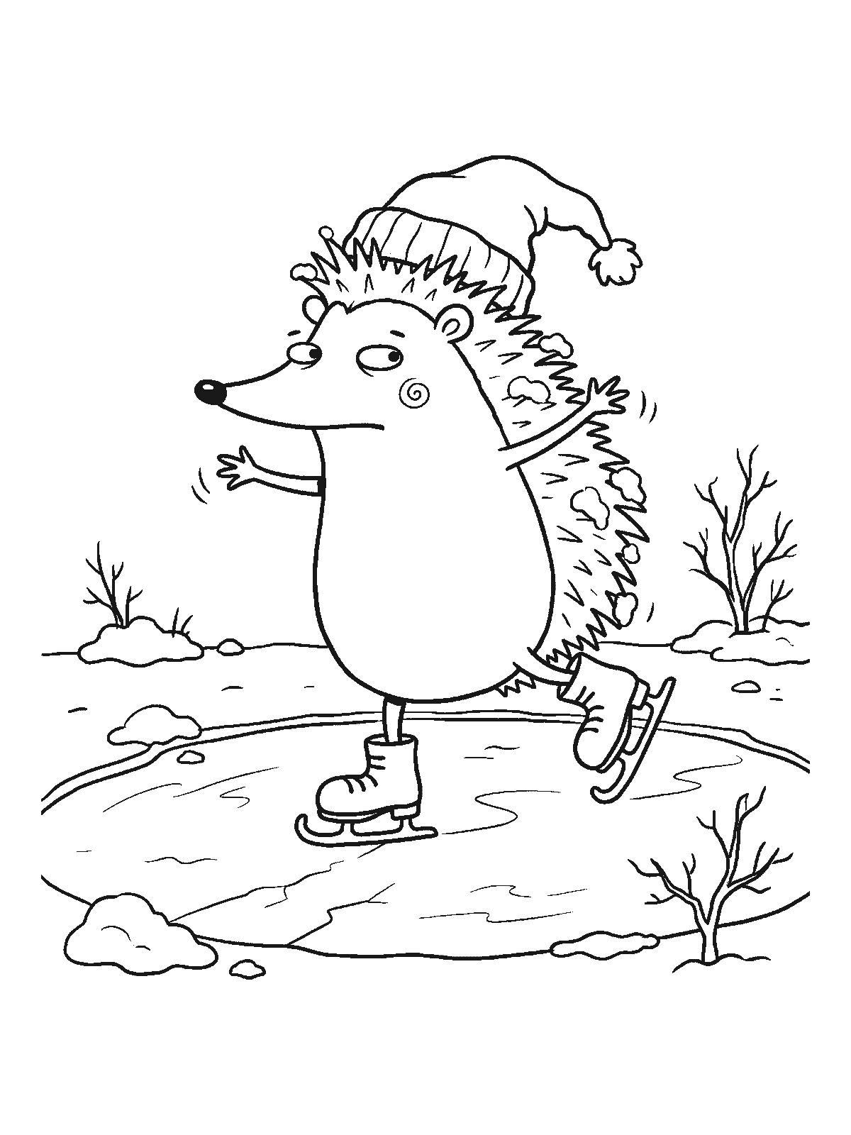 Coloring page: a hedgehog wearing ice skates and a knitted hat gliding on a frozen pond with its arms out for balance