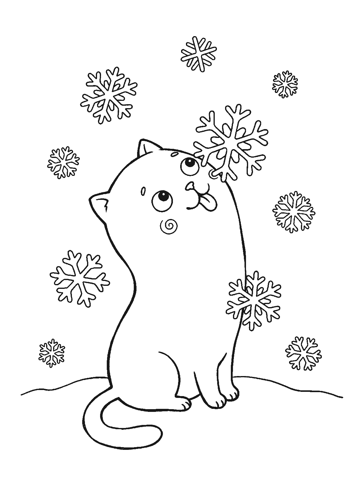 Coloring page: a kitten sitting in the snow with its head tilted back and tongue out trying to catch big falling snowflakes