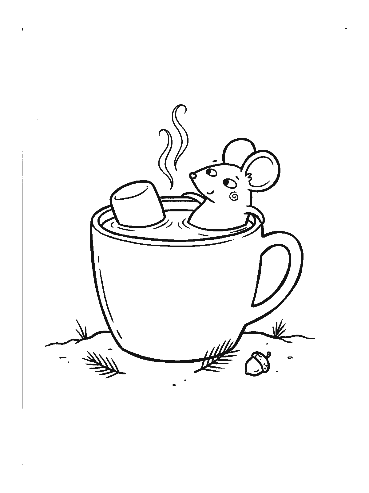 Coloring page: a tiny mouse sitting inside a big mug of hot cocoa like a bathtub, leaning against a marshmallow, steam curling up
