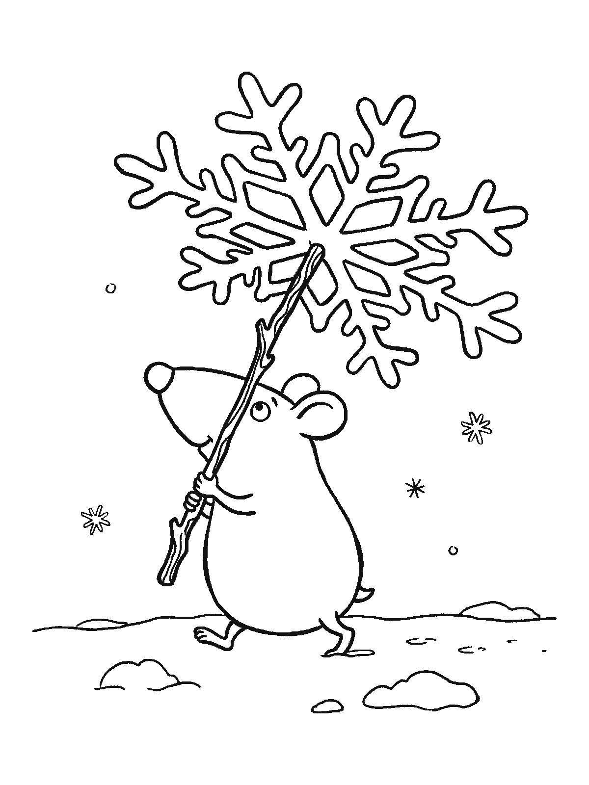 Coloring page: a small mouse walking in the snow holding a giant snowflake above its head like an umbrella on a twig handle