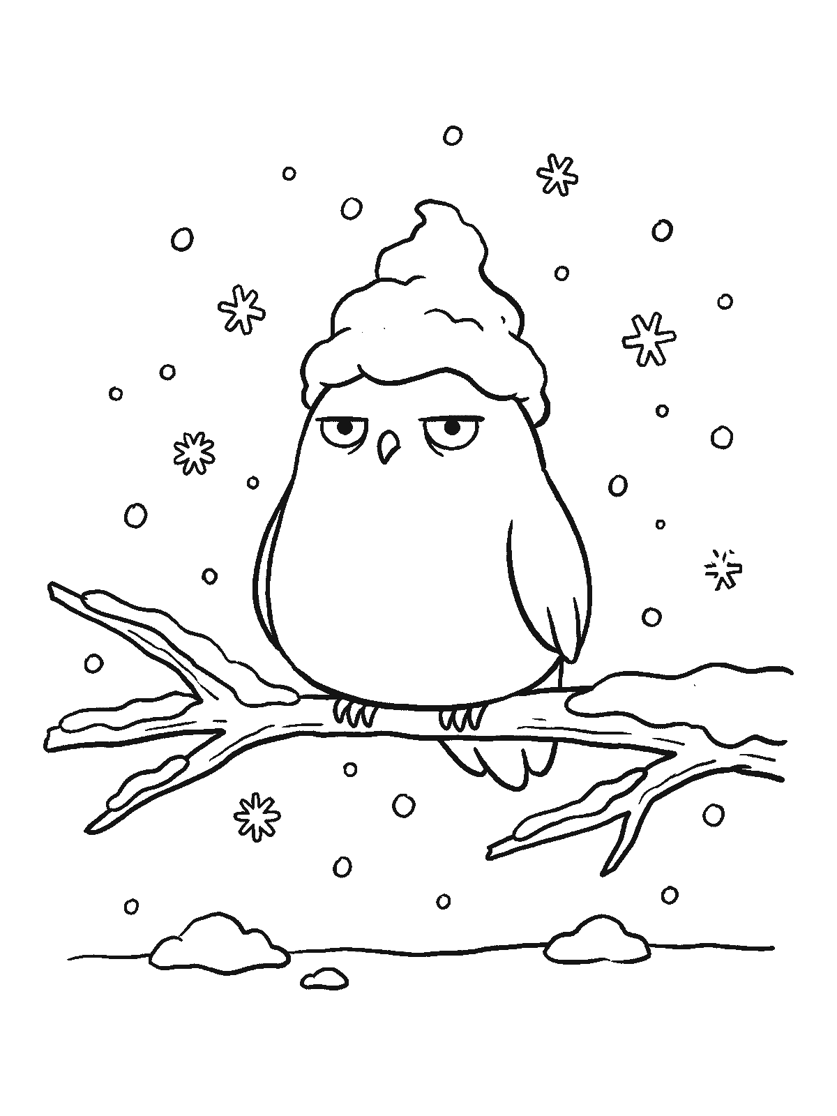 Coloring page: a round owl sitting on a snowy branch with a thick pile of snow on its head like a hat while snowflakes fall around it