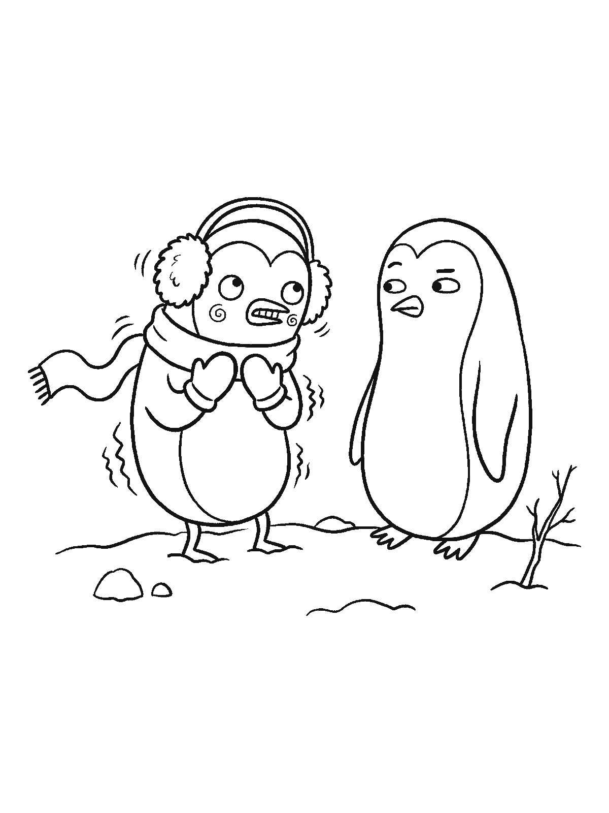 Coloring page: a penguin wearing earmuffs, mittens and a scarf shivering in the snow while another penguin next to it wears nothing and looks puzzled