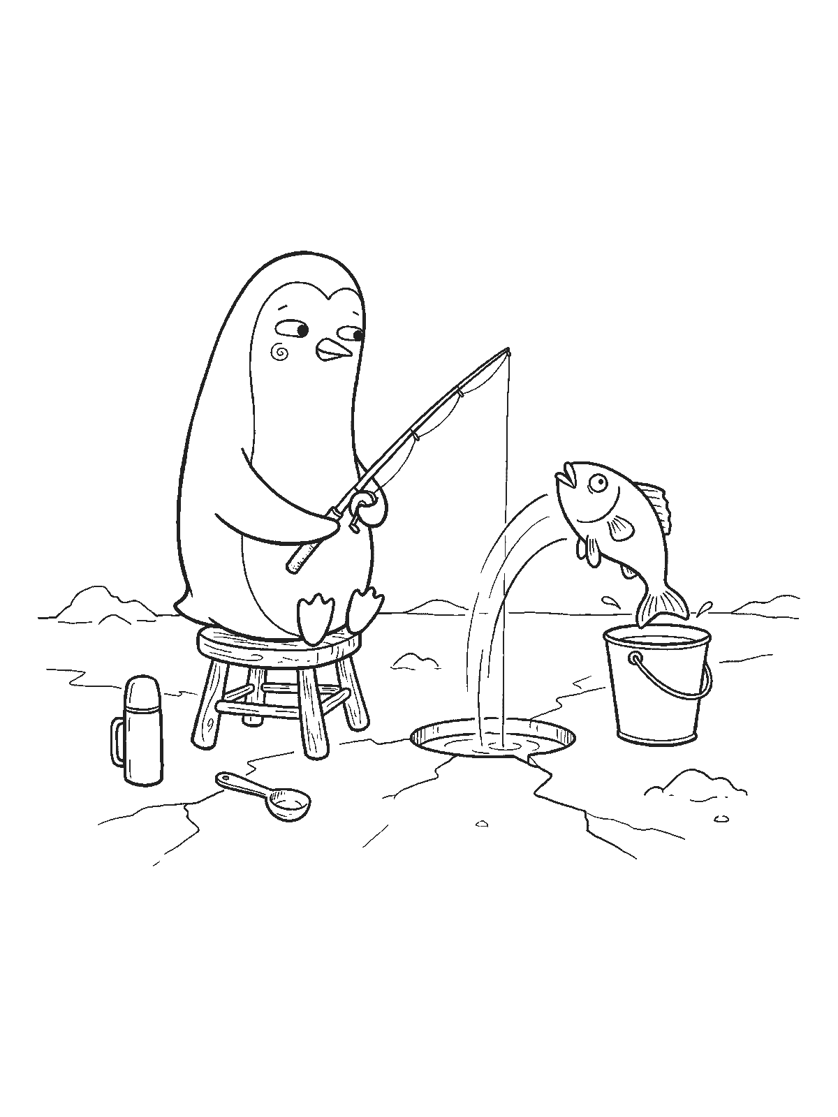 Coloring page: a penguin sitting on a small stool next to a round hole in the ice holding a fishing rod while a fish jumps out of the hole into a bucket