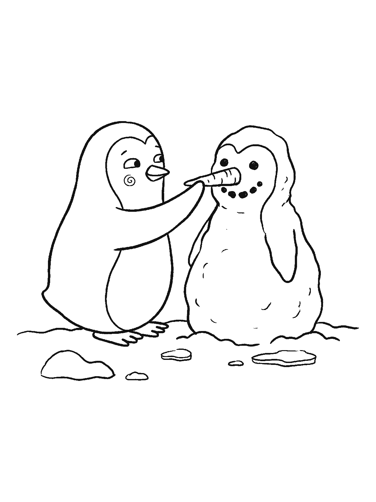 Coloring page: a penguin building a snowman that looks like a penguin and putting a carrot beak on it with its flipper