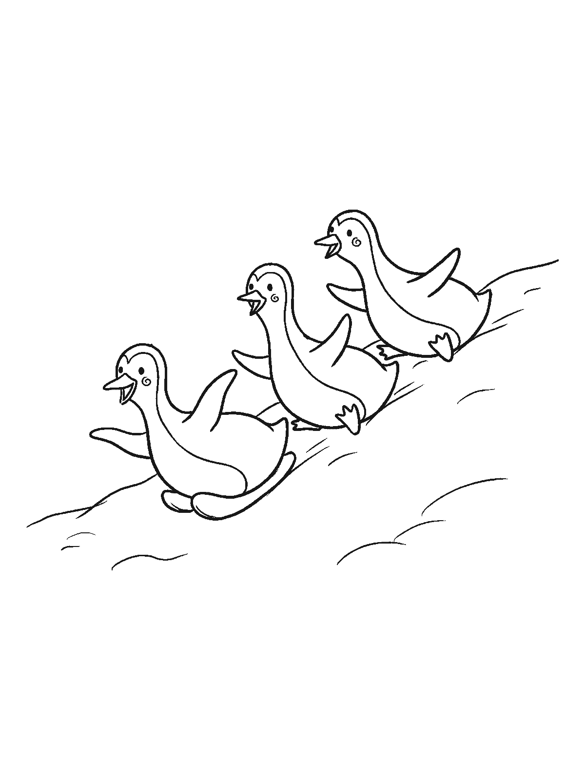 Coloring page: three penguins sliding down a snowy slope on their bellies one after another with their wings stretched back
