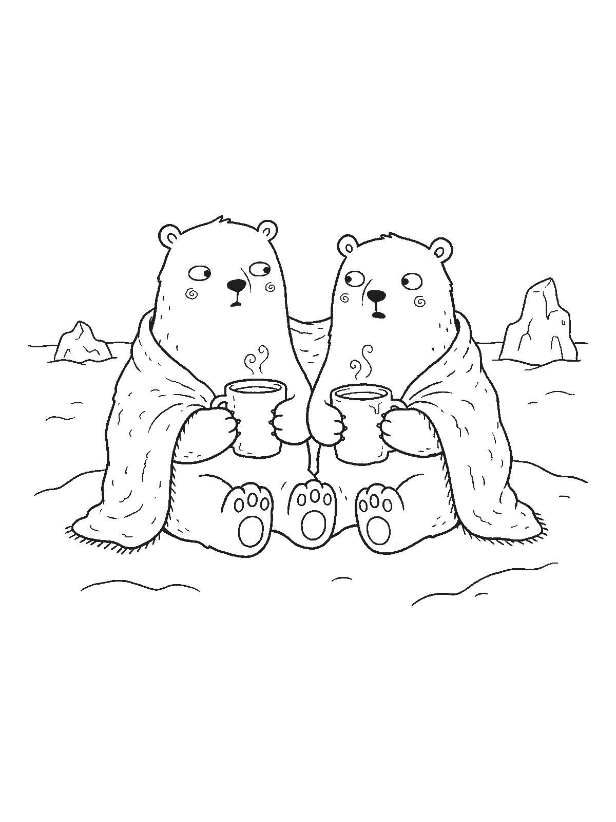 Coloring page: two polar bear cubs sitting in the snow wrapped together in one blanket, each holding a mug of hot cocoa