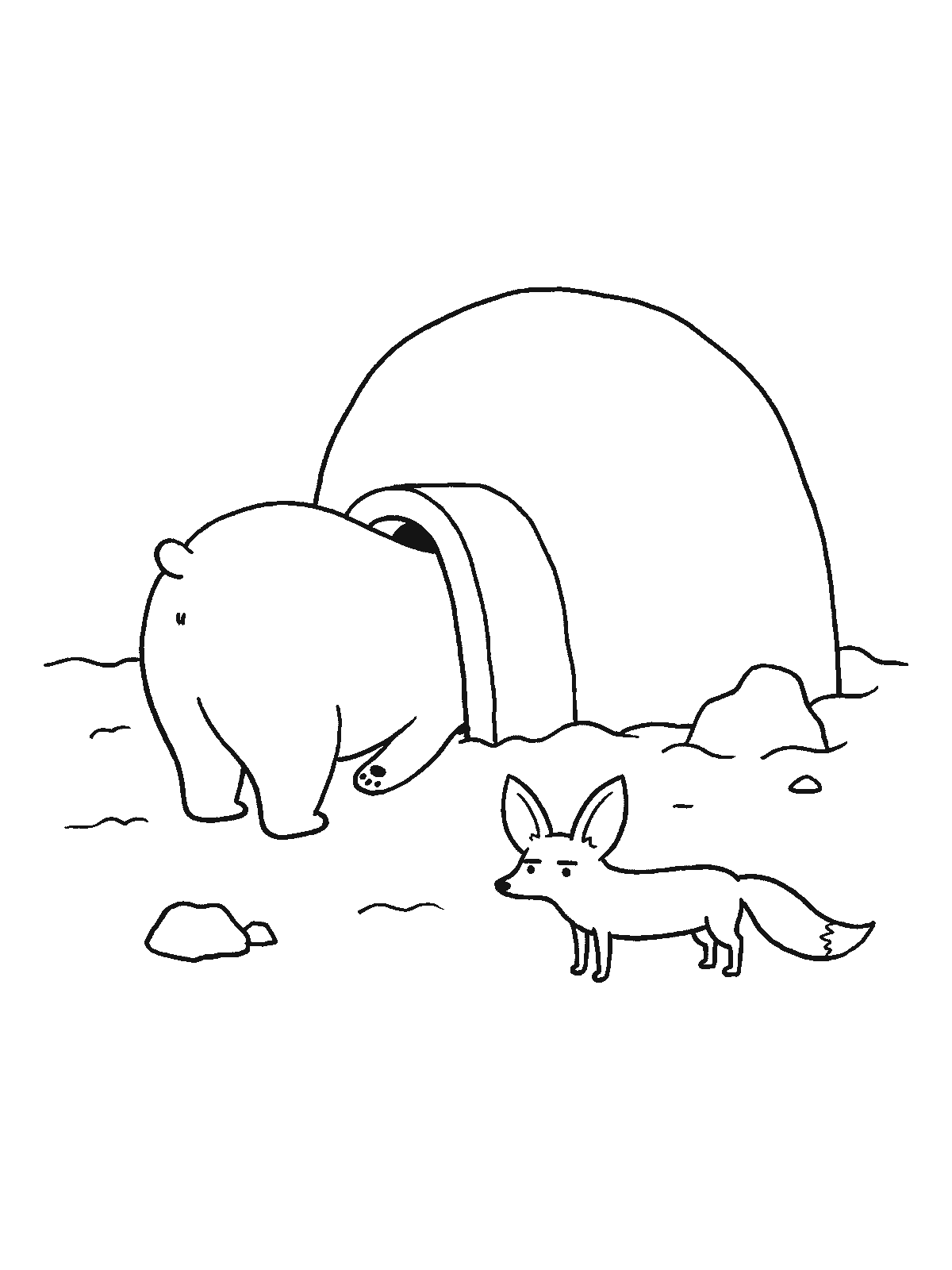 Coloring page: a big polar bear halfway inside the round door of a small igloo with its back half sticking out, a small arctic fox watching