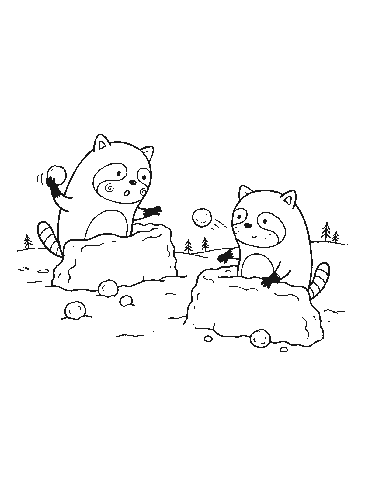 Coloring page: two raccoons having a snowball fight, each crouching behind a small snow wall, one throwing a snowball
