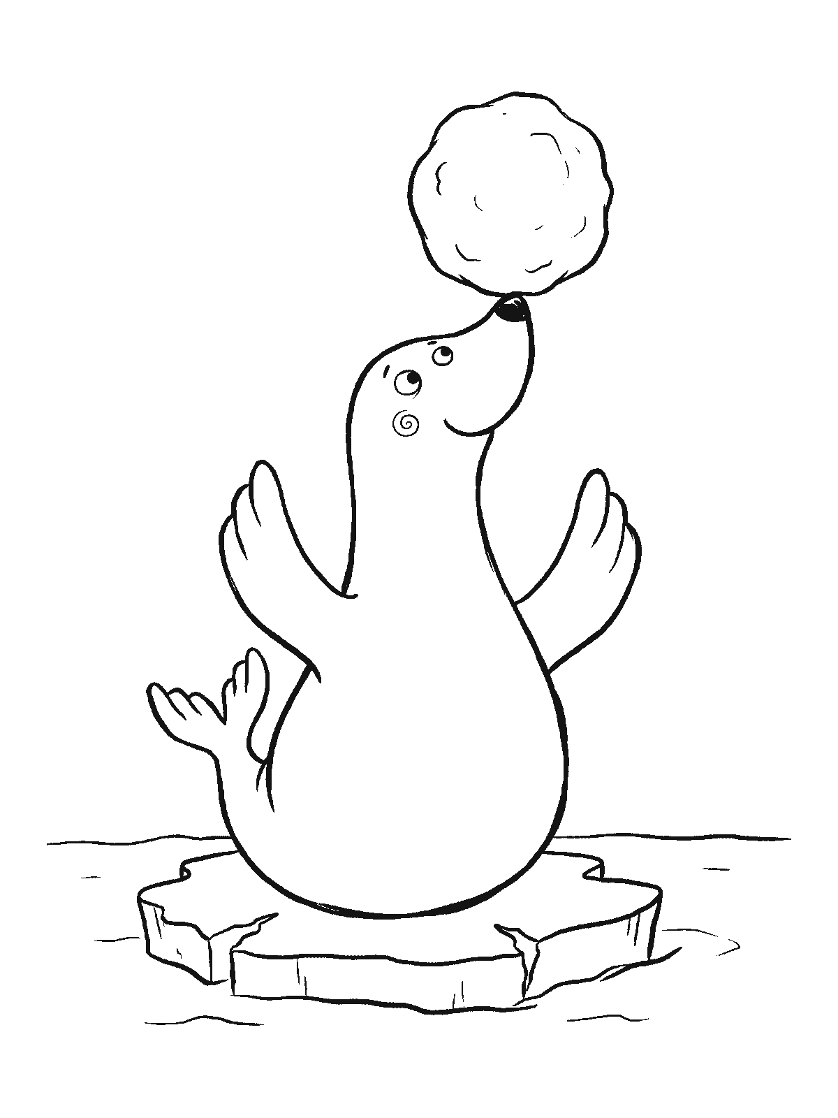 Coloring page: a seal sitting on an ice floe balancing a big snowball on the tip of its nose with its flippers raised
